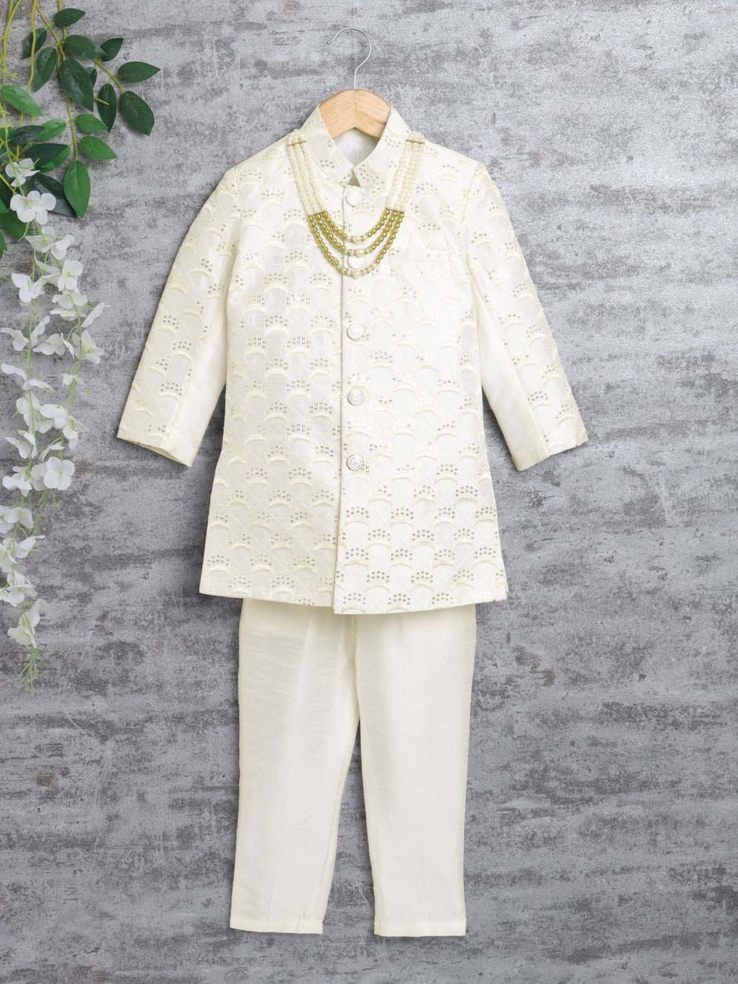 Ahhaaaa Kids White Embellished Full Sleeves Sherwani Set