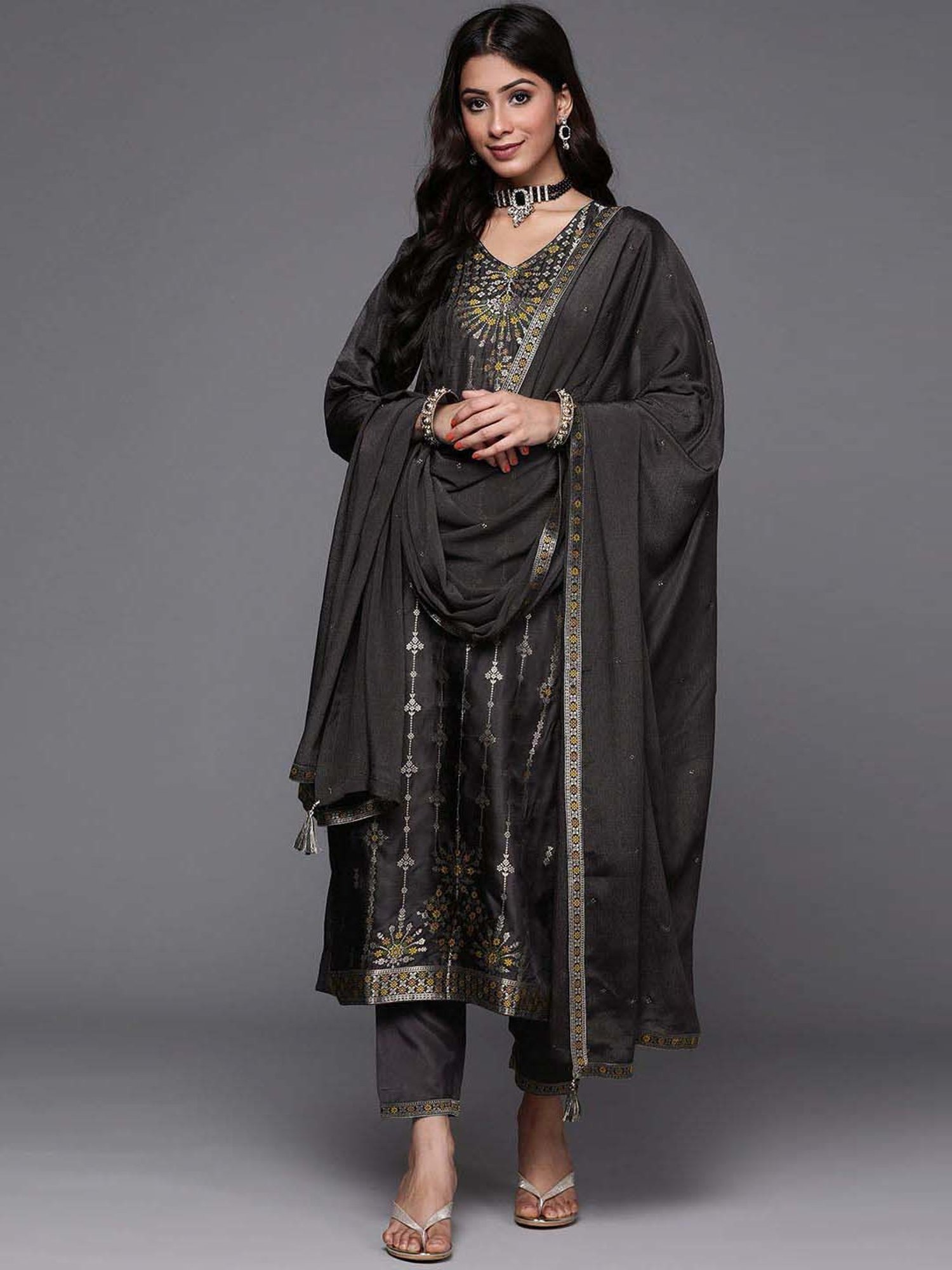 Libas Black Woven Pattern Kurta Pant Set With Dupatta