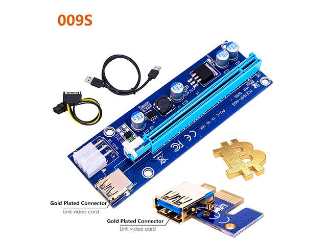 PCI-E Riser for Bitcoin/Litecoin/ETH coin, GPU Extension Cable, PCle VER 009S 16X to 1X (6PIN/MOLEX/SATA) Mining Powered Riser Adapter Card with 23.6 inches USB 3.0 Cable  - 3 Packs