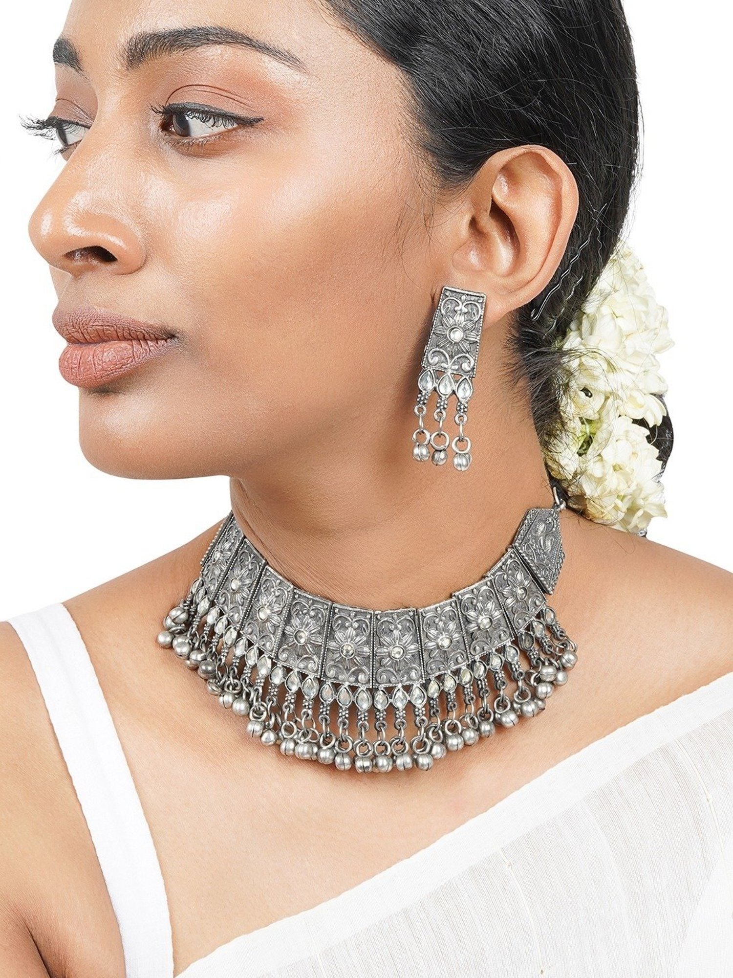 Teejh Ethnic Aanchal Silver Oxidized Necklace Set for Women