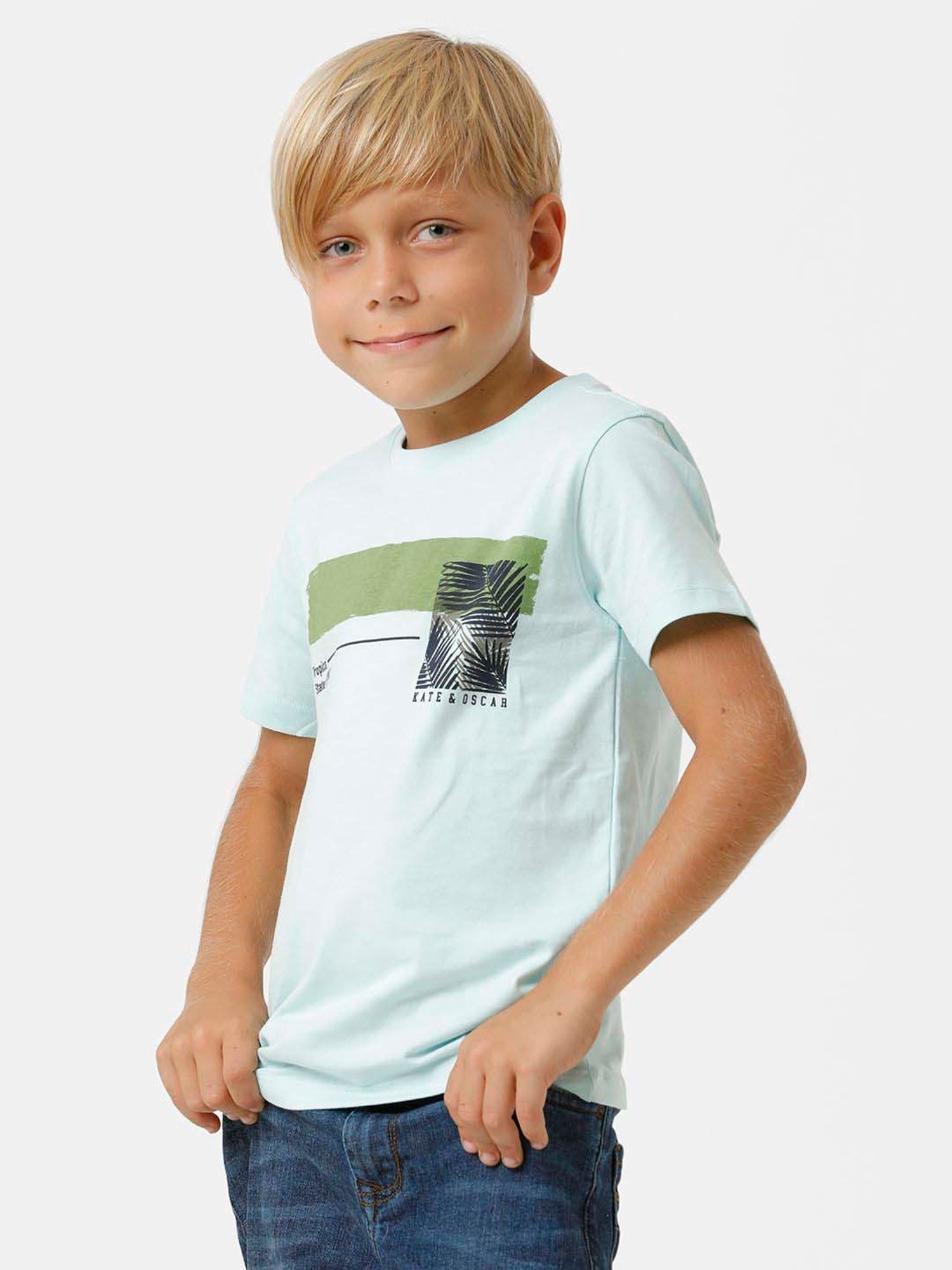 Kate & Oscar Kids Blue & Green Cotton Printed T-Shirt