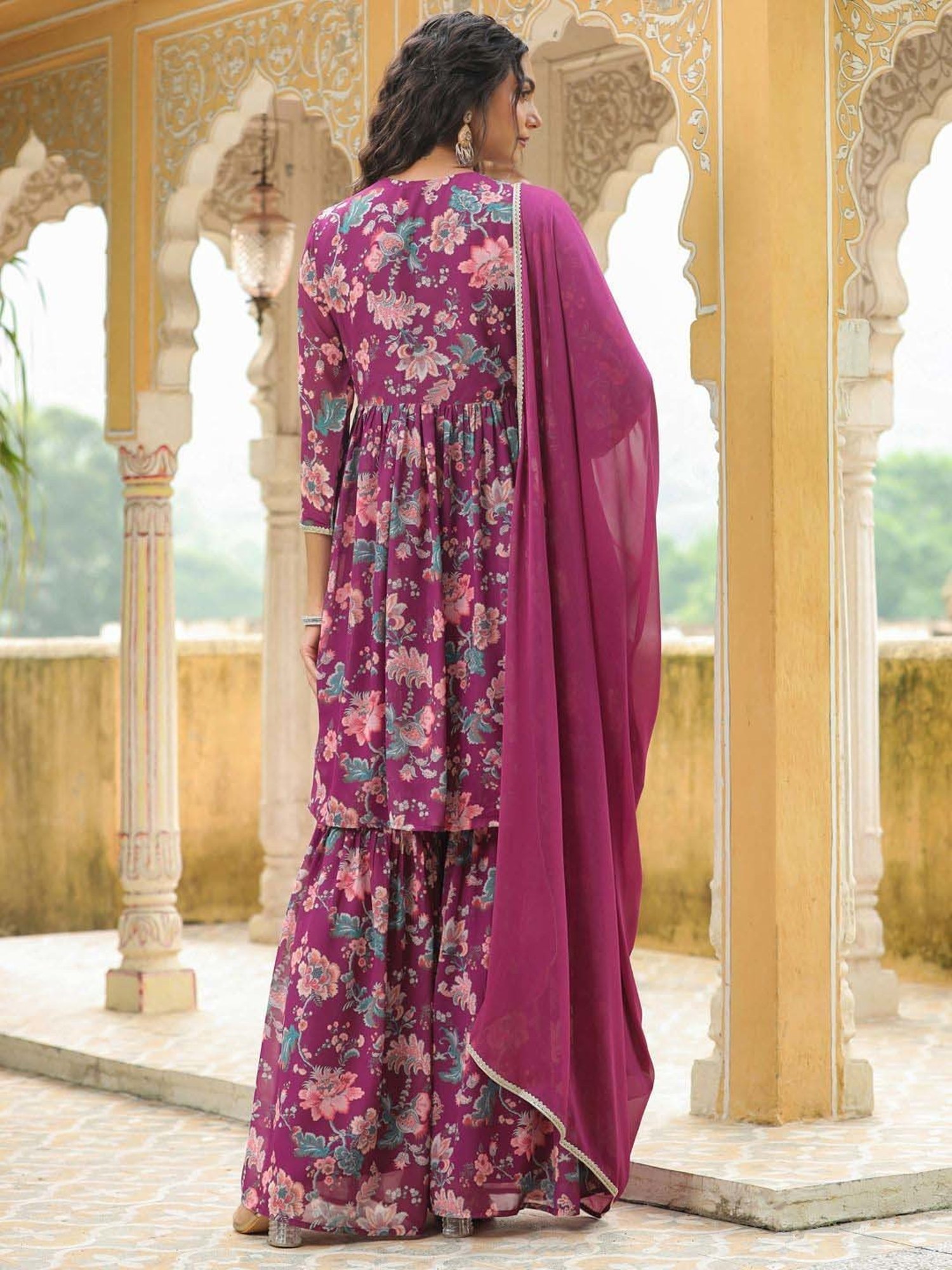 Janasya Purple Printed Kurti Sharara Set With Dupatta