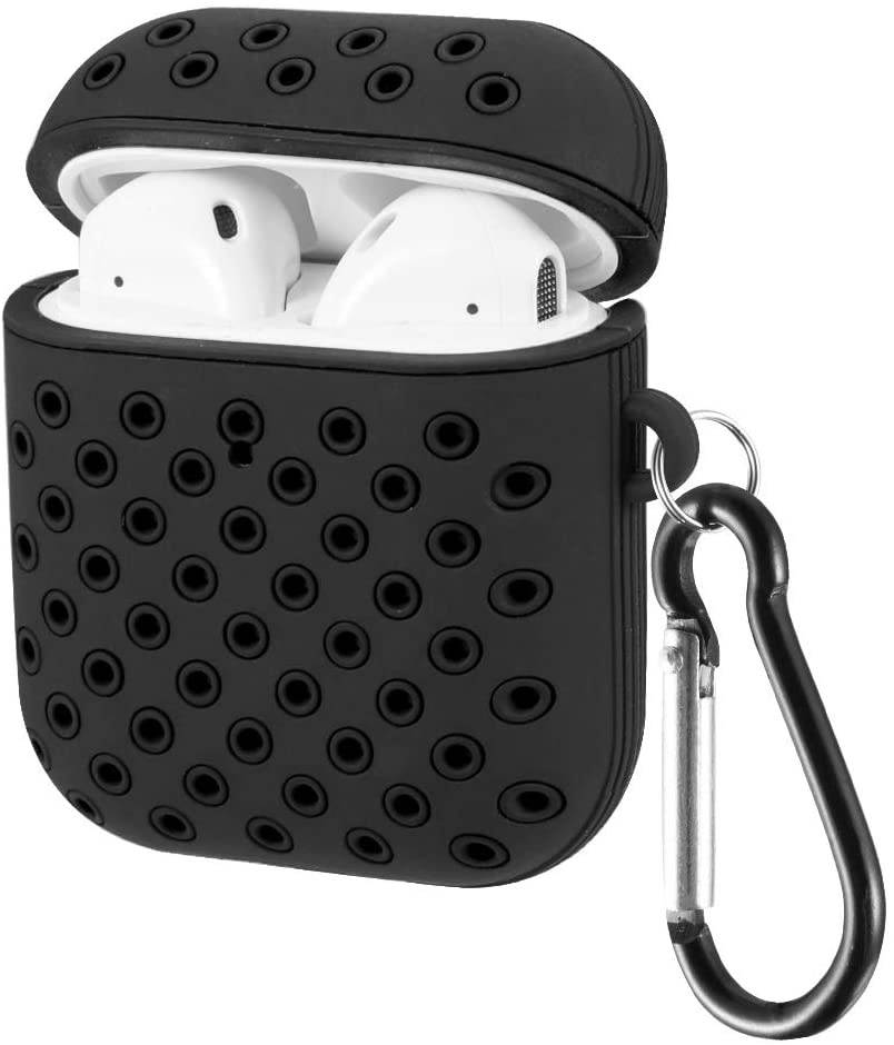 Redshield Compatible for Apple Airpods Sporty Style 2 Tone Soft Silicone CASE with Breathable Holes and Carabiner Black & Black