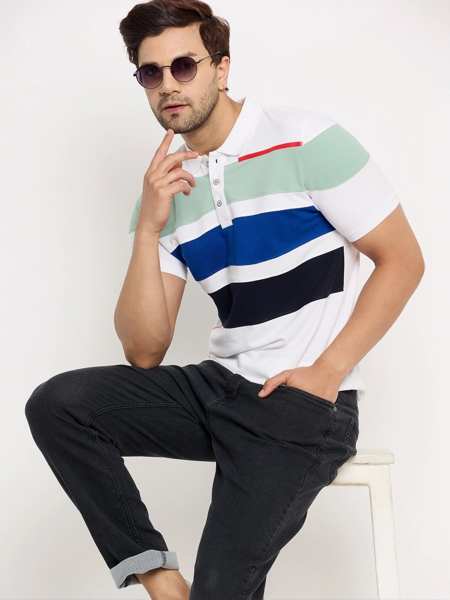 Duke White Slim Fit Striped Polo T-Shirt