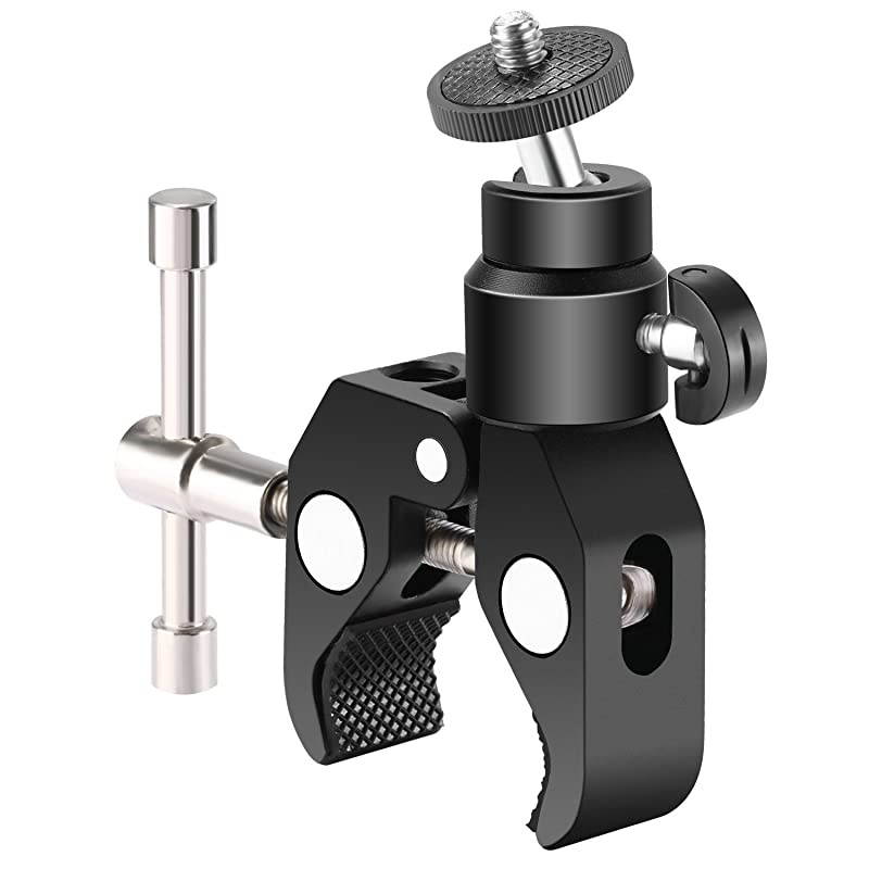 Metal Adjustable Camera Large Super Clamp and Ball Head Hot Shoe Mount Adapter with 1/4 inch Screw for DSLR Film Movie Rig, Monitor, Flash, LED Lights, Track Slider and Light Stand
