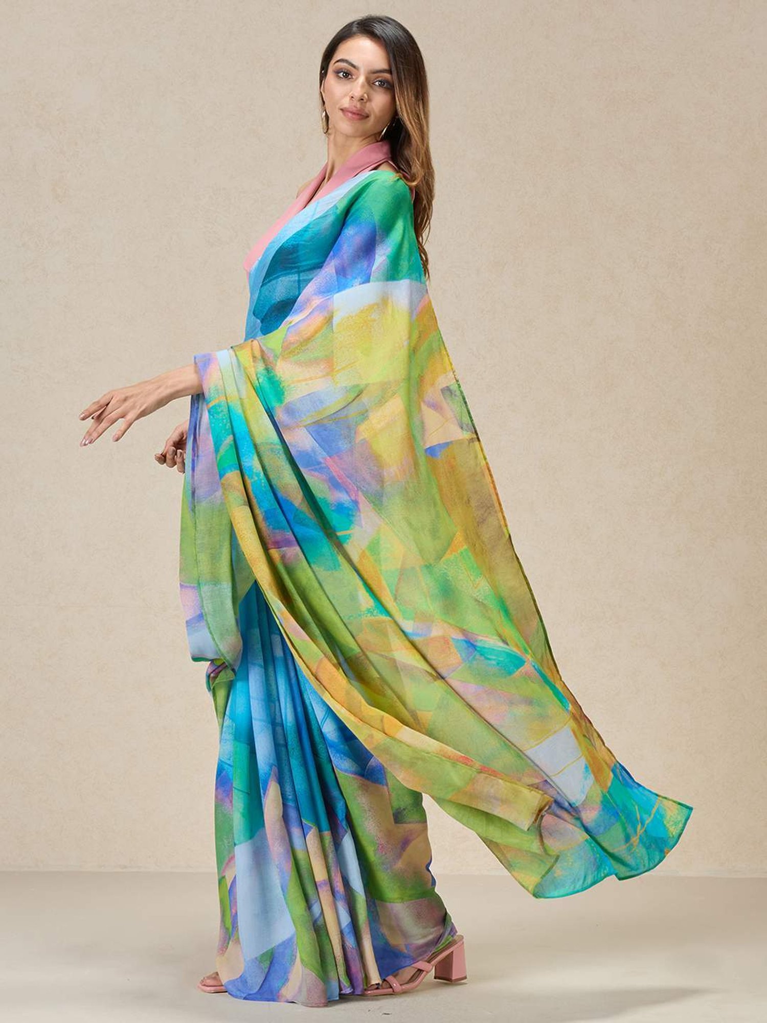 navyasa by liva Blue Printed Saree With Unstitched Blouse