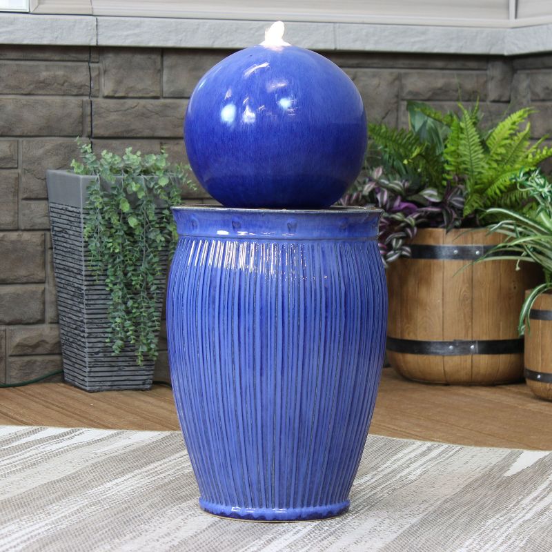 Sunnydaze 29"H Electric Glazed Blue Ceramic Orb on Pedestal Outdoor Water Fountain with LED Light