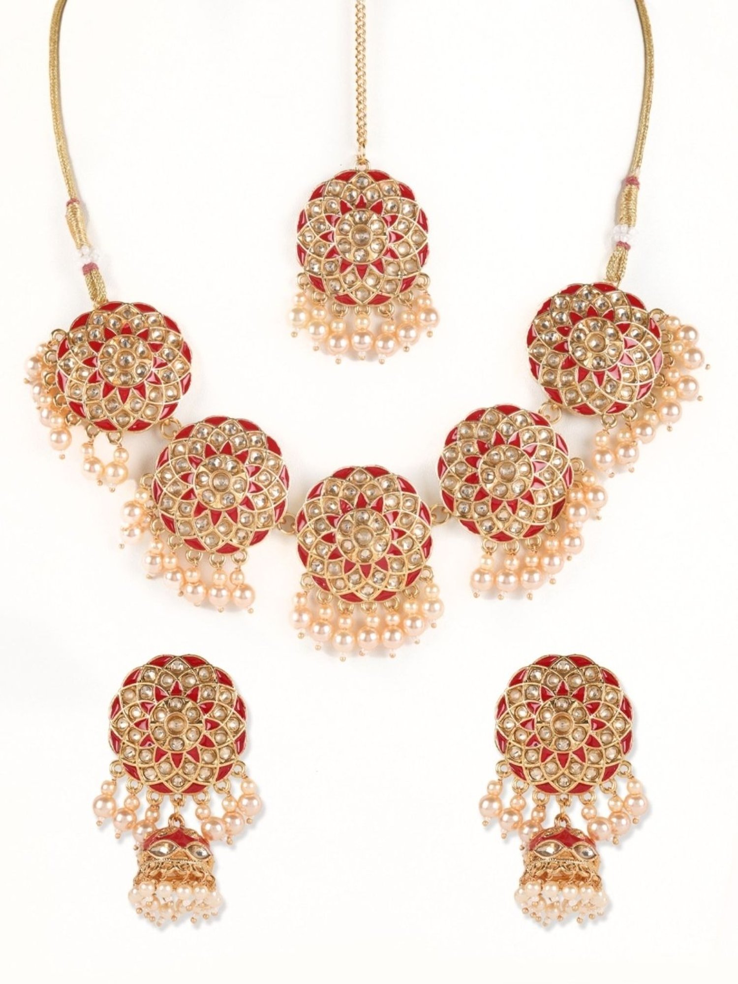Aatmana Red & Cream Kundan Pearls Gold-Plated Necklace Set with MaangTikka for Women