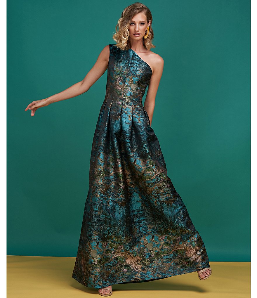 Jkara Chiffon Popover Beaded V-Neck 3/4 Capelet Sleeve Gown