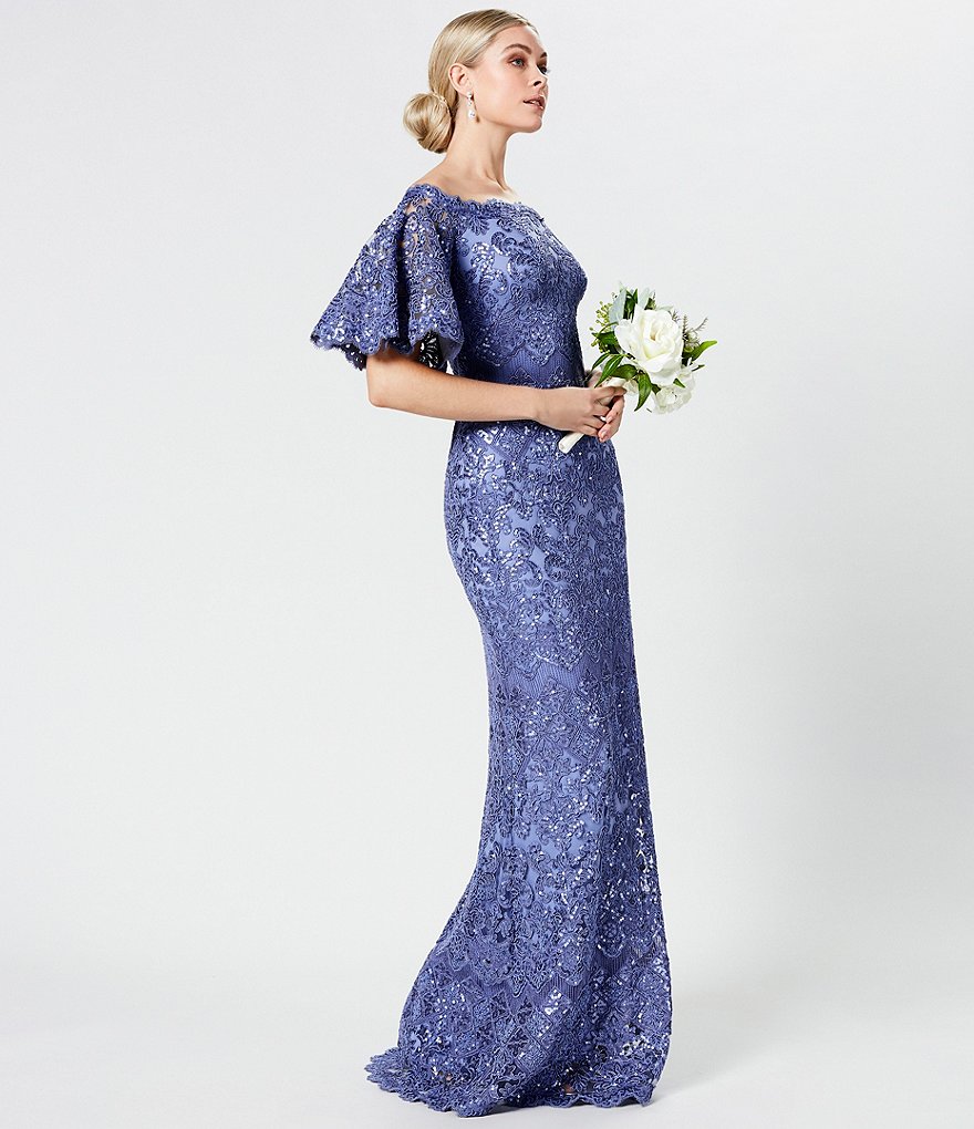 Tadashi Shoji Off-the-Shoulder Sequin Lace Scalloped Hem Gown