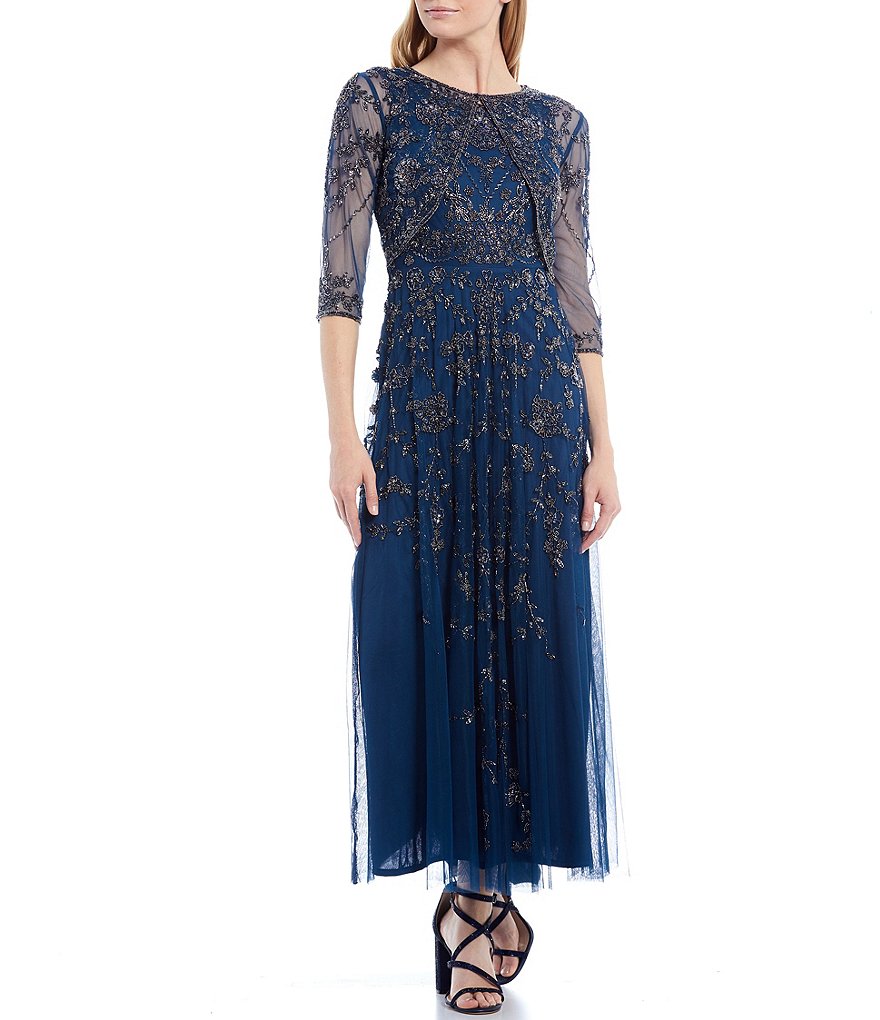 Jkara Petite Size V-Neck 3/4 Sleeve Beaded Bodice Gown