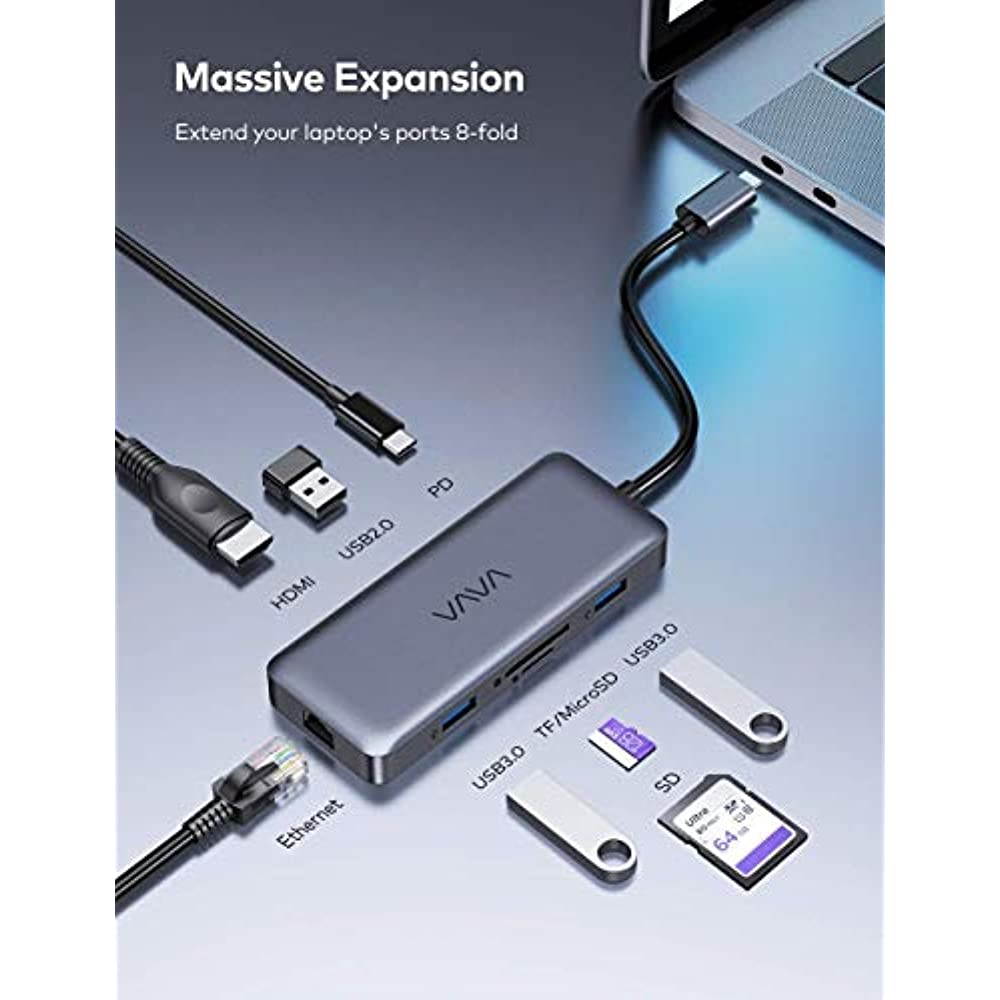 VAVA USB C Hub 8 in 1 USB C Adapter to 4K HDMI, 1Gbps RJ45 Ethernet Port, USB 3.0, SD/TF Card Reader, 100W PD Charging Port for MacBook Pro Air and Type C Windows Laptops Smartphones