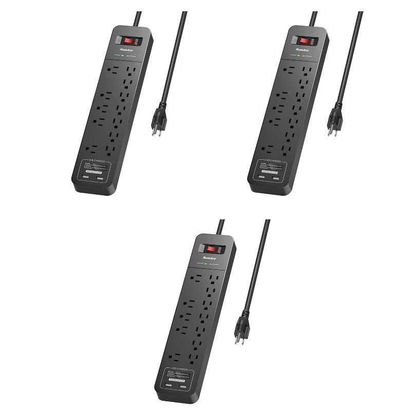 Huntkey 3 x SMC127 125 Volt Power Strip with 12 AC Sockets, 2 USB Ports, 6 Foot Heavy Duty Cord, and Flame Retardant ABS Construction, Black (3 Pack)