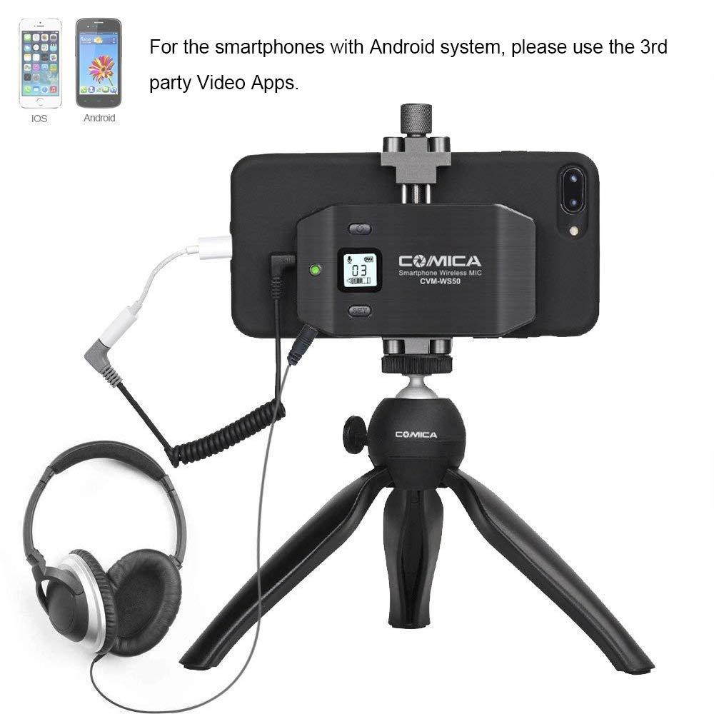 Comica CVM-WS50(C) Wireless Smart Phone Lavalier Microphone System, with UHF 6 Channels, 194FT Wireless Range, Built-in Chargable Battery, Microphone for iPhone Samsung Huawei and More