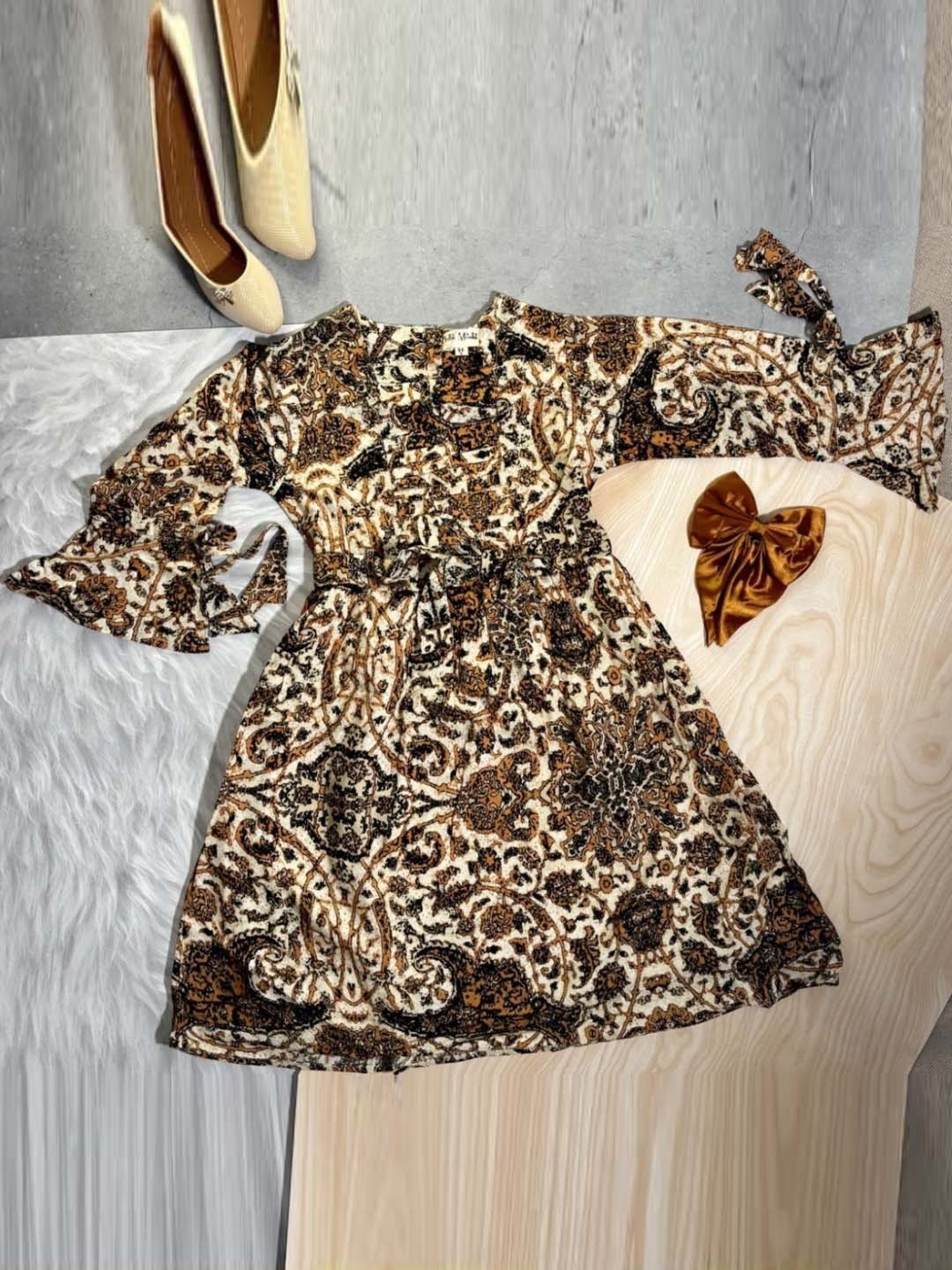 Bella Moda Kids Cream & Brown Cotton Printed Full Sleeves Dress