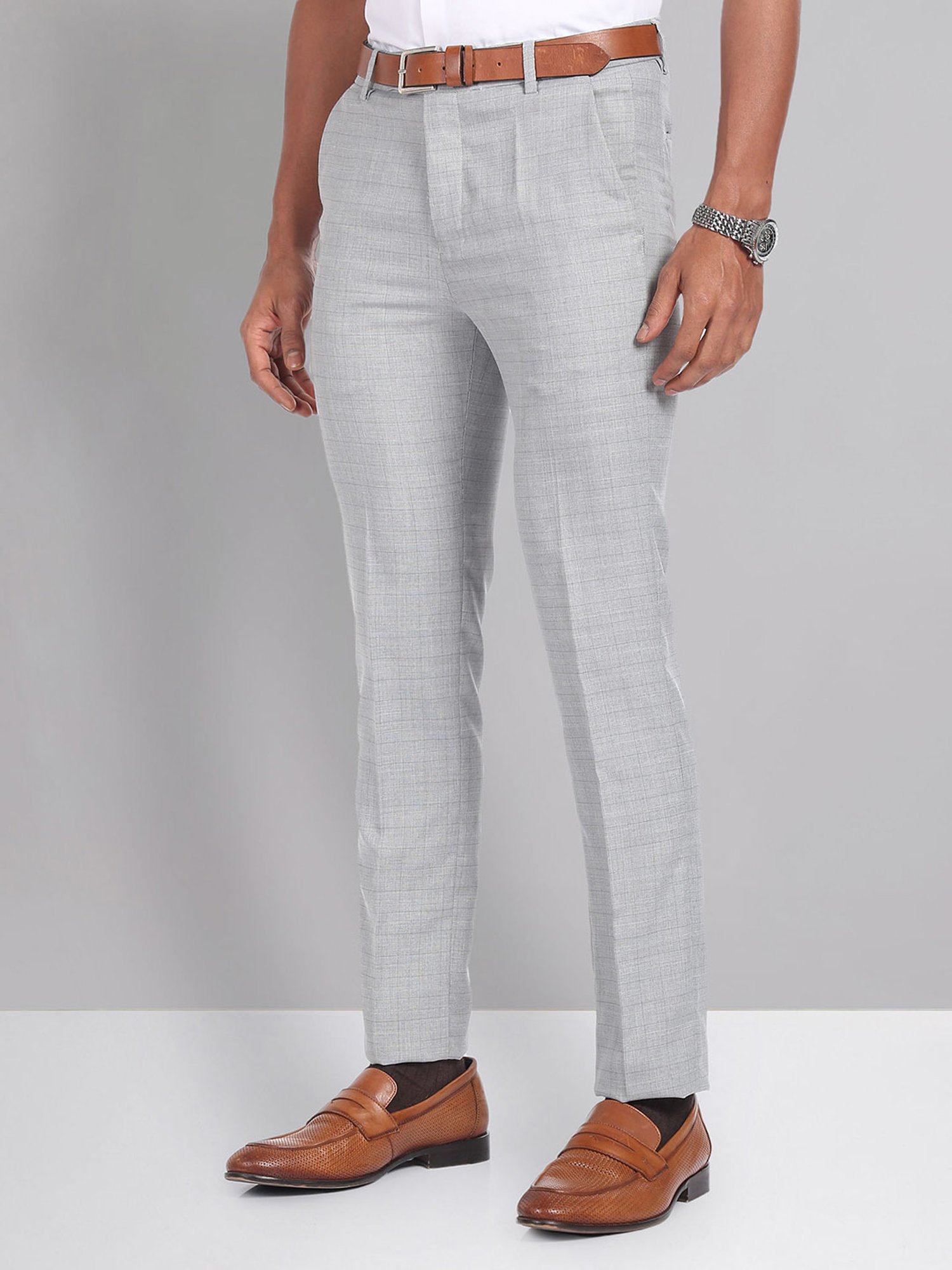 AD by Arvind Grey Melange Slim Fit Check Flat Front Trousers