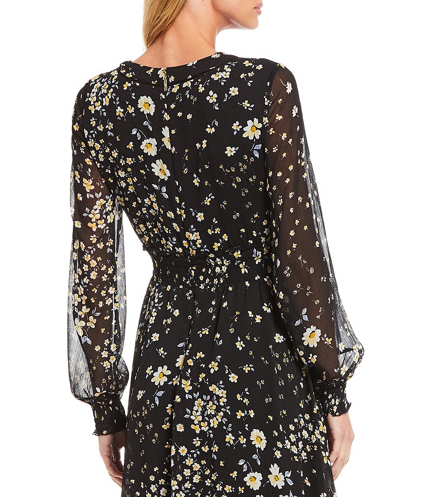 KARL LAGERFELD PARIS V-Neck Long Sleeve Floral Chiffon Midi Dress