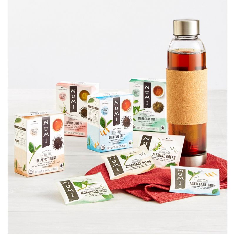 Numi Organic Tea Gift Set , Includes 16oz Glass Tea infusion Bottle with Strainer and 4 organic tea varieties (24 tea bags)