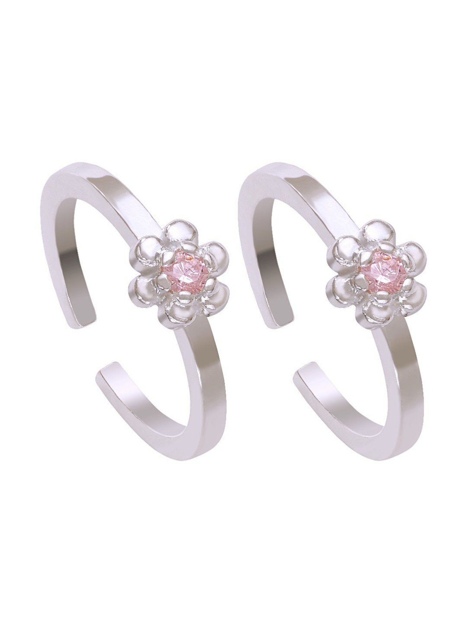 Taraash Adjustable Floral 925 Sterling Silver Toe-Rings with Pink CZ for Women