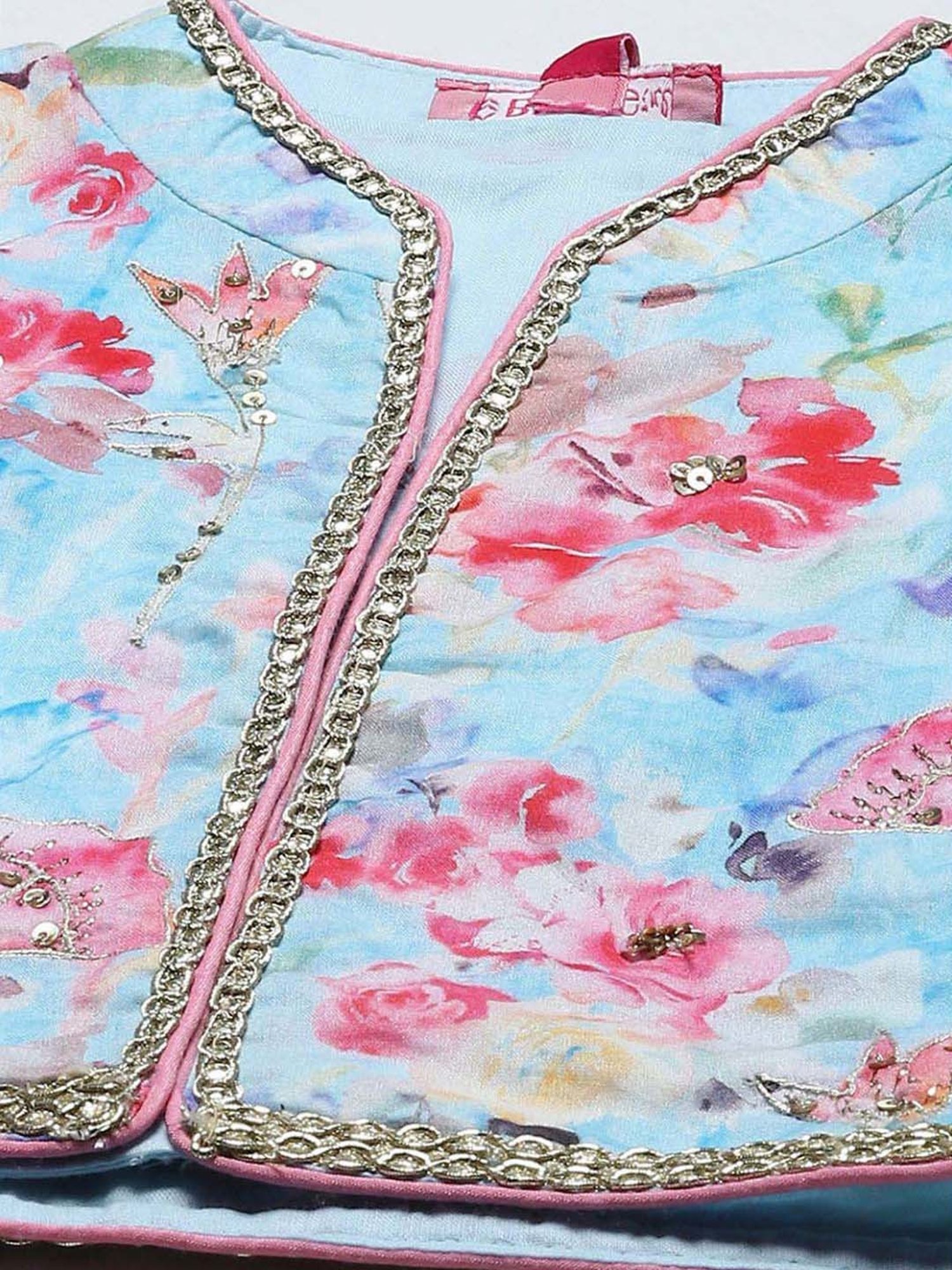 BIBA Girls Kids Pink Printed Full Sleeves Kurti, Churidar, Dupatta & Jacket