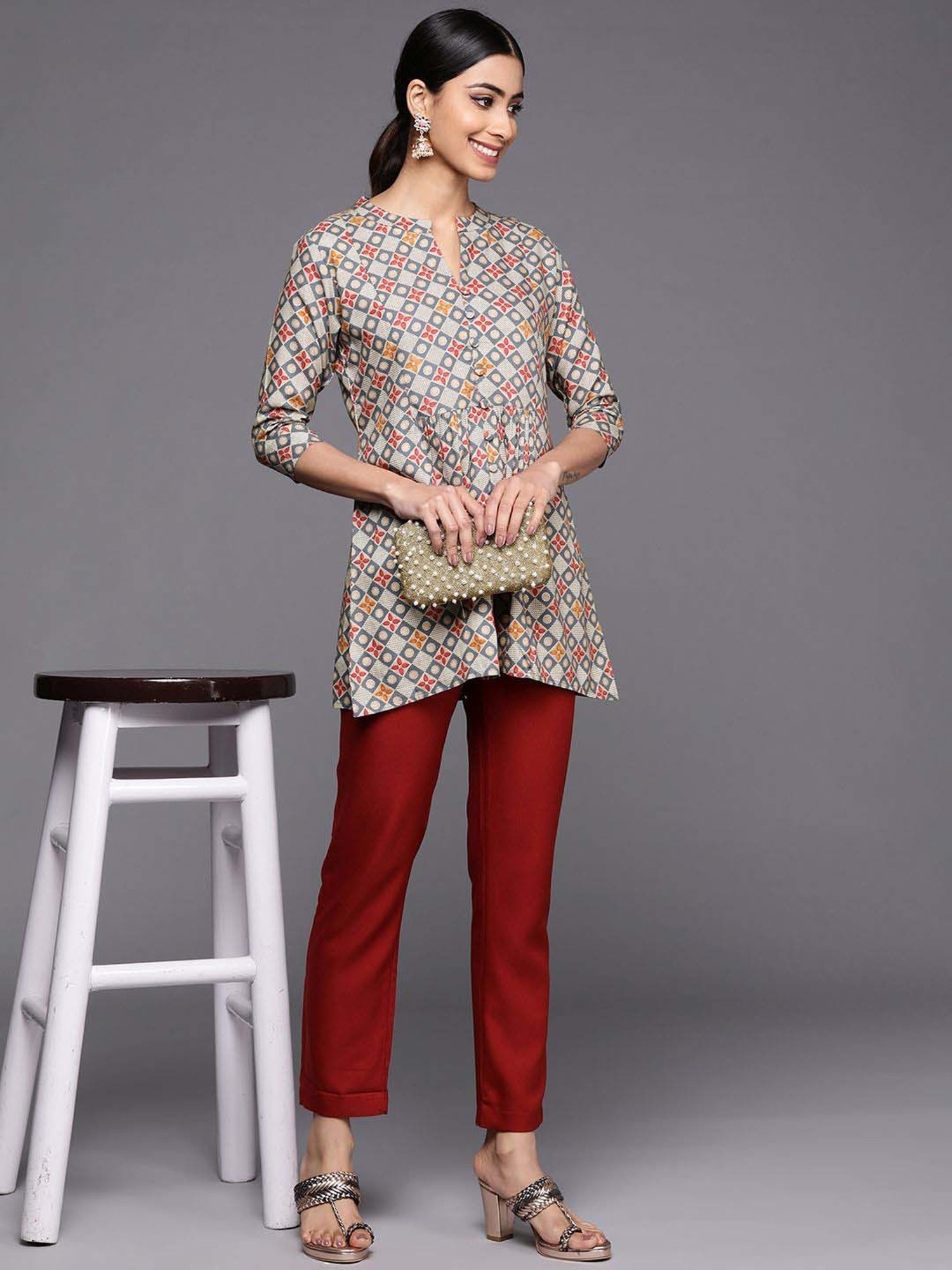 Libas Grey Printed A Line Kurti