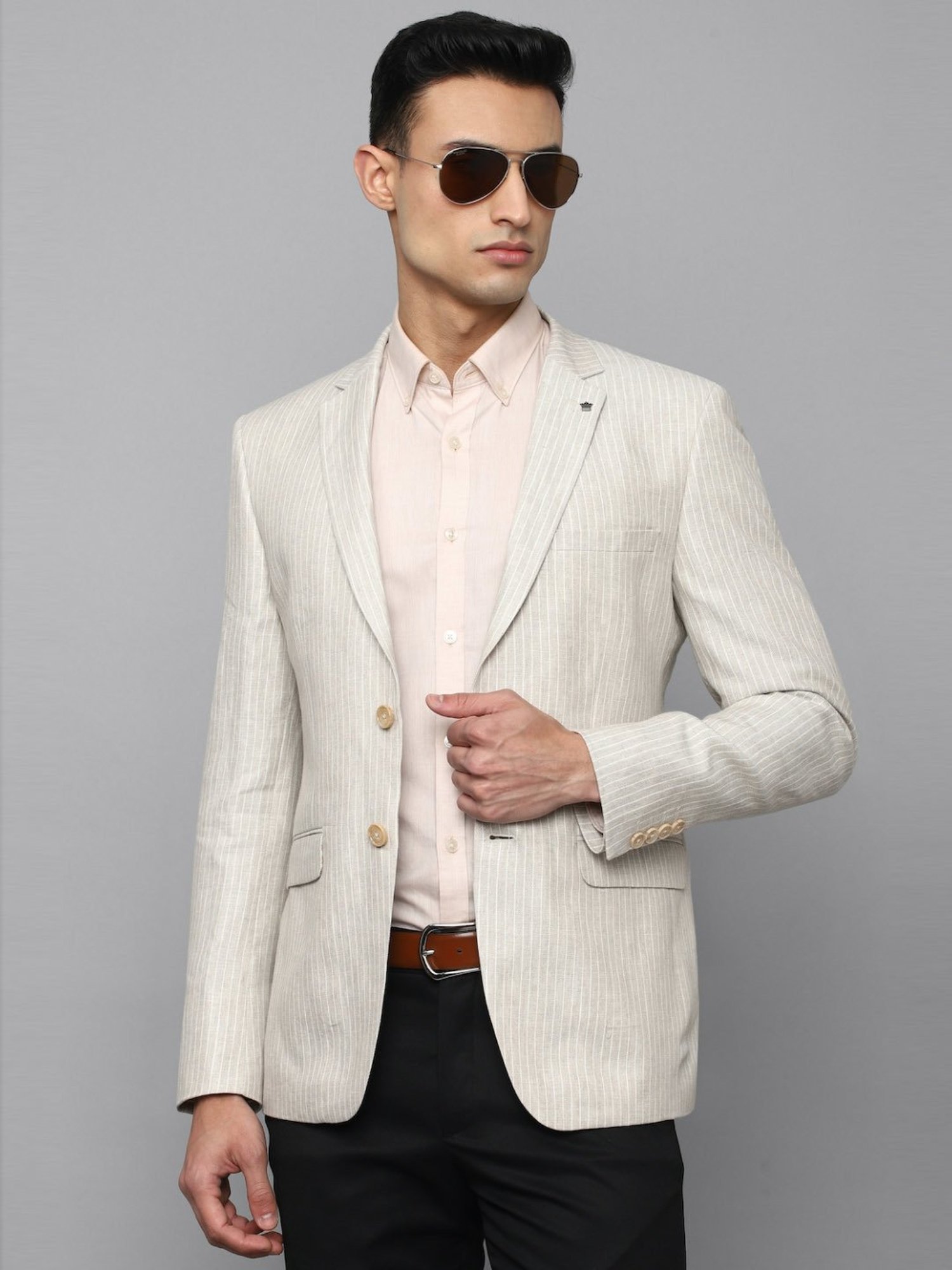 Louis Philippe Beige Linen Slim Fit Self Pattern Blazer