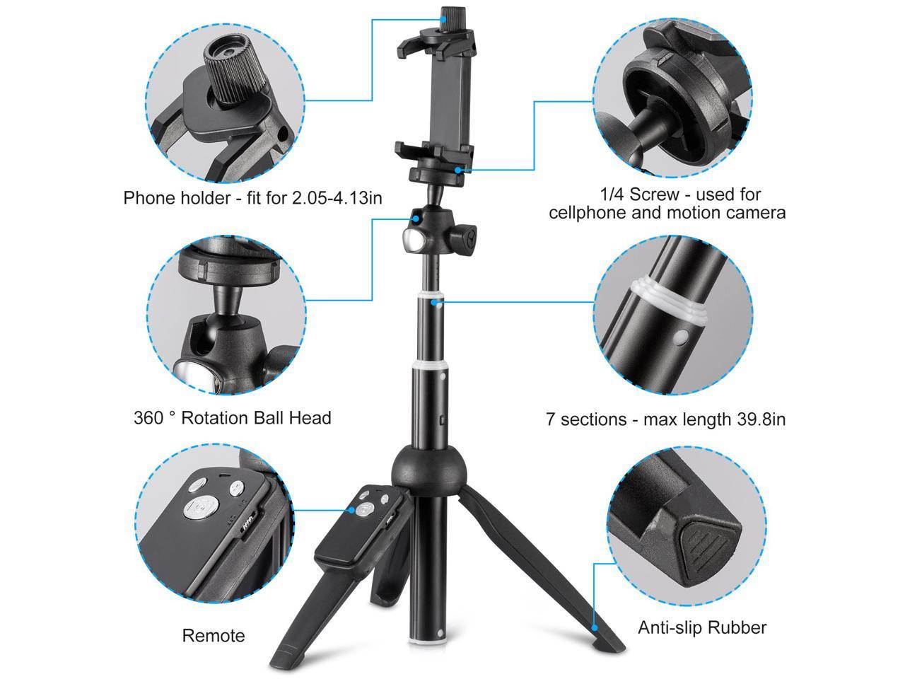 Selfie Stick Tripod,40 Inch Extendable Selfie Stick Tripod with Wireless Remote Control,Compatible with iPhone 6 7 8 X Plus, Samsung Galaxy S9 Note8