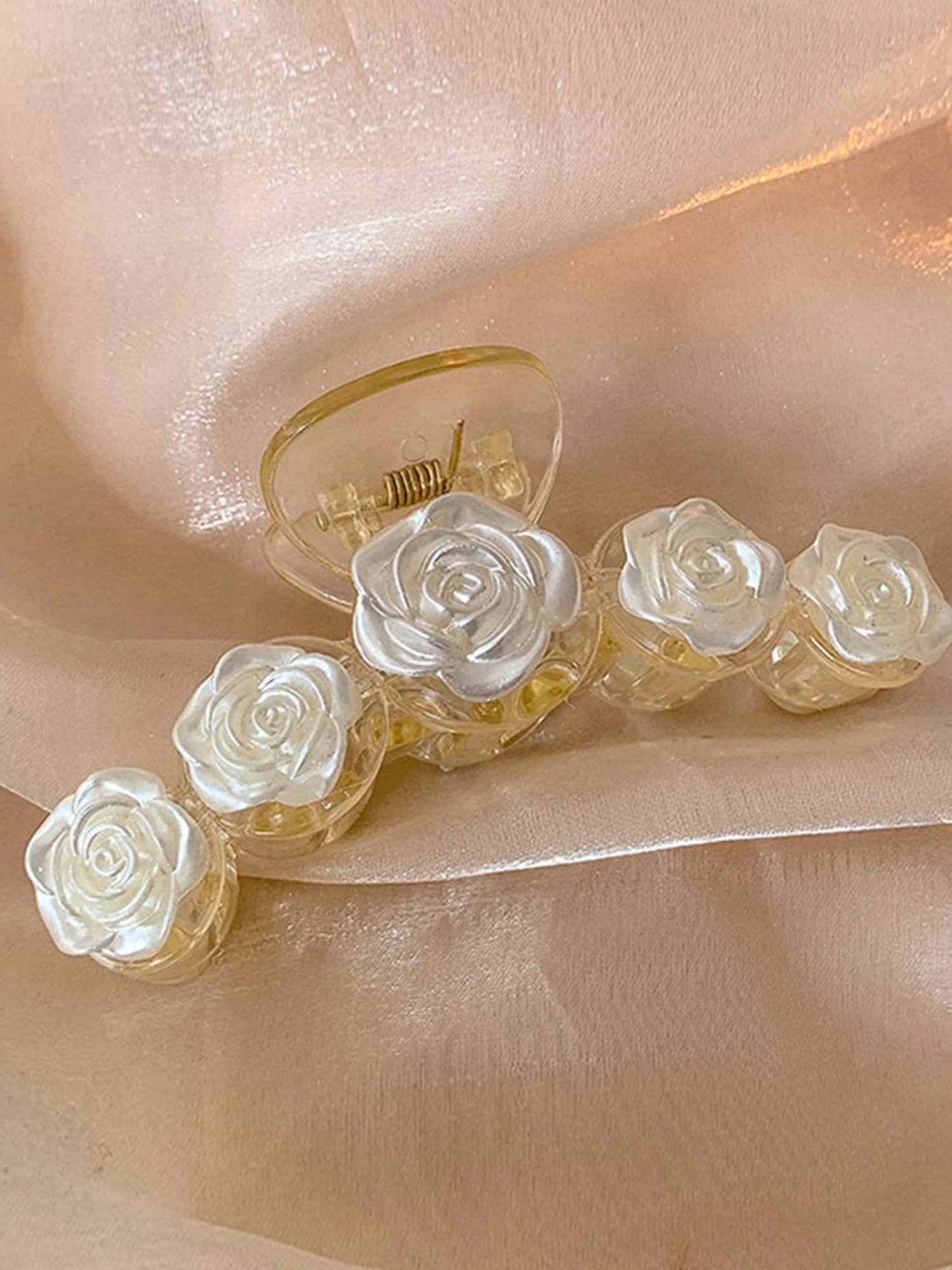 OOMPH White Shimmer Rose Floral Large Big Hair Claw Hair Clip Stylish Latest