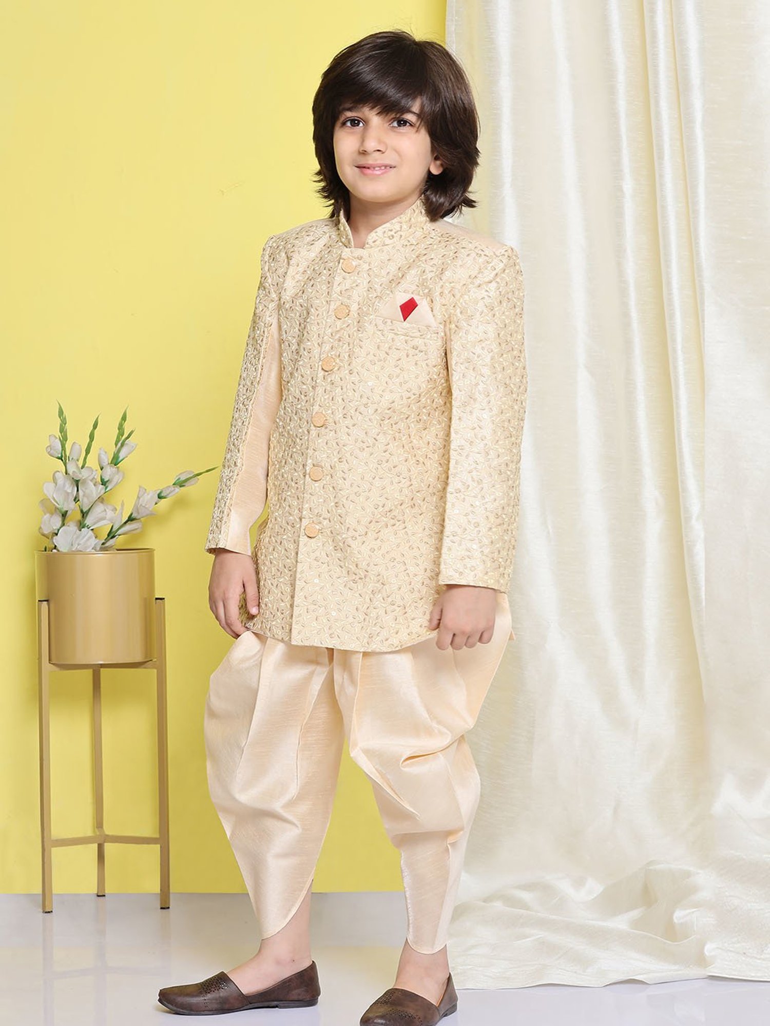 AJ Dezines Kids Beige Embroidered Full Sleeves Sherwani with Patiala Salwar