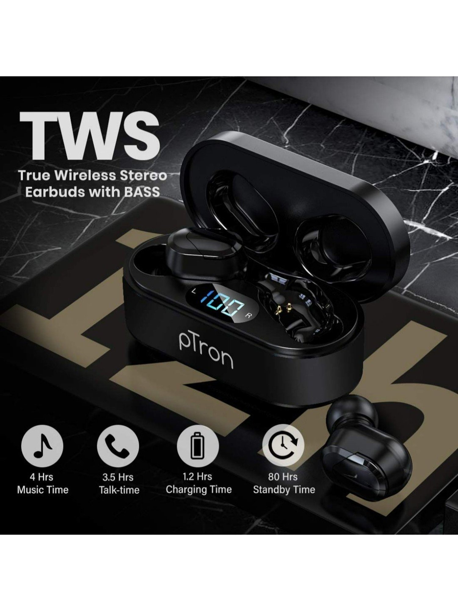PTron Bassbuds Plus True Wireless Bluetooth 5.0 in Ear Earbuds, Digital Display & with Mic (Black)