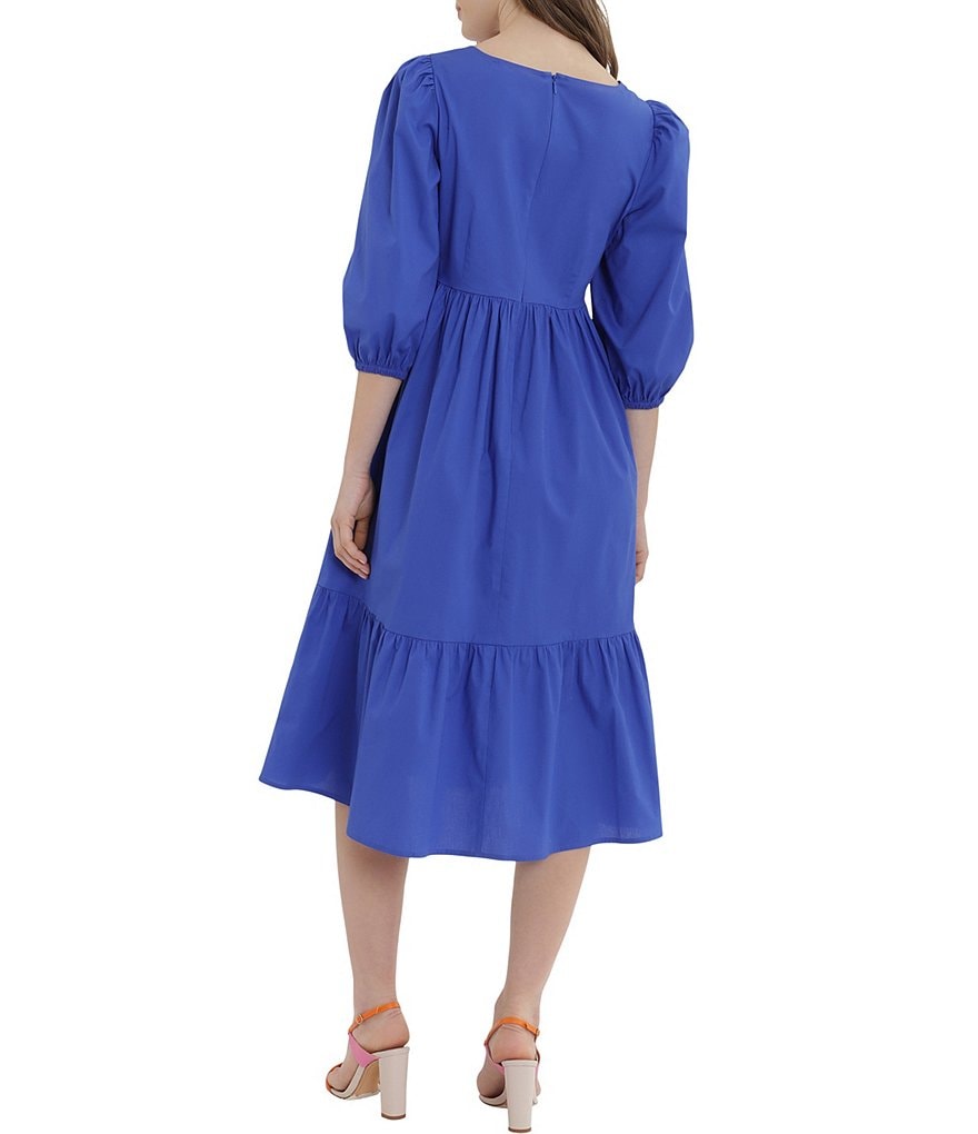 Donna Morgan Scoop Neck 3/4 Puff Sleeve Ruffle Midi Poplin Dress