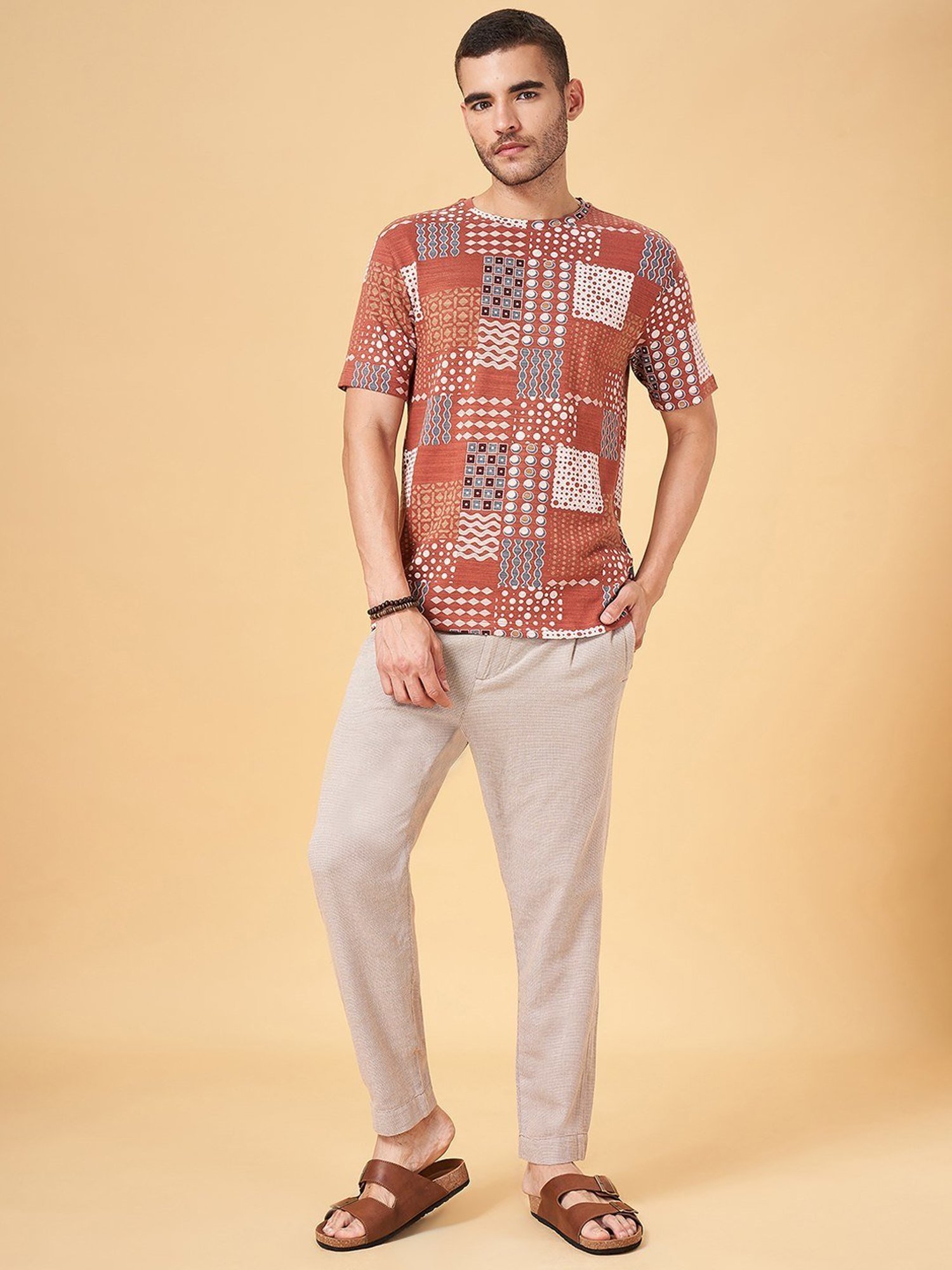 7 Alt by Pantaloons Rusty Orange Cotton Relaxed Fit Printed T-Shirt