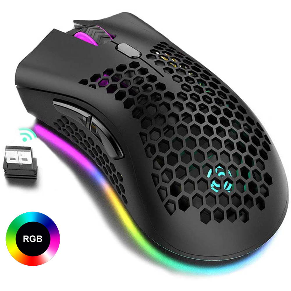 Lightweight Gaming Mouse, 2.4G Wireless Mouse Honeycomb Design Rechargeable Wireless Gaming Mouse with USB Receiver RGB Backlight Computer Mouse for Laptop PC (Black)
