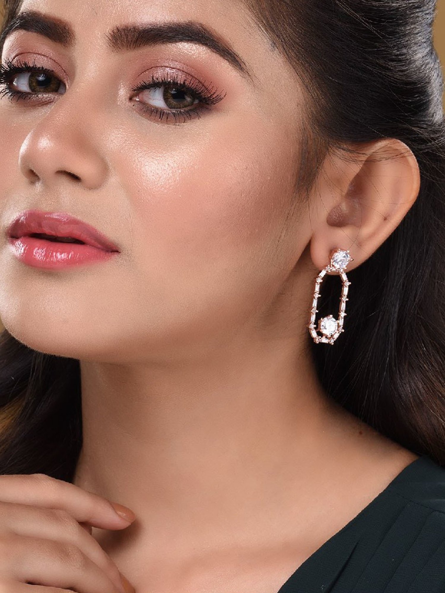 Saraf RS Jewellery Rose Gold White AD Studded Dangler Earrings