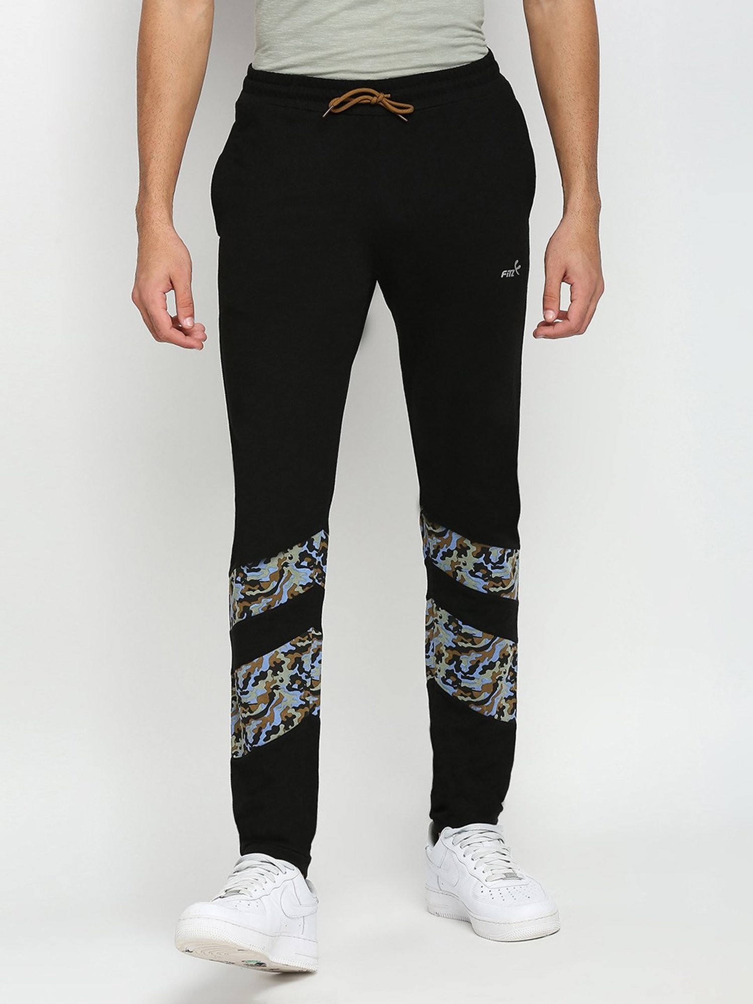 Fitz Black Slim Fit Camo Print Sports Trackpants