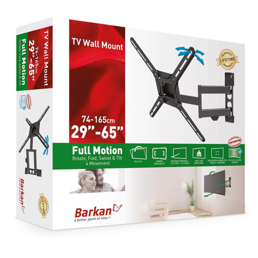 Barkan 3400.B 29-65 Full Motion 4 Movement, Flat/Curved TV Wall Mount, Dual-Arm, Up to 88 lbs, Black, Patented.