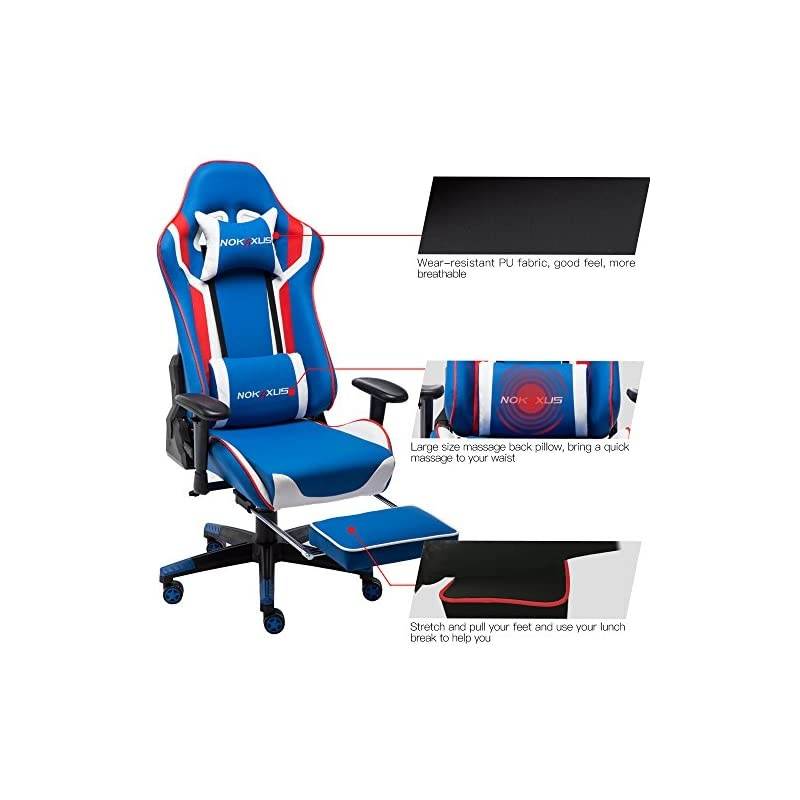 Gaming Chair Large Size High-Back Ergonomic Racing Seat with Massager Lumbar Support and Retractible Footrest PU Leather 90-180 Degree Adjustment of backrest Thickening sponges (YK-6007-BLUE)