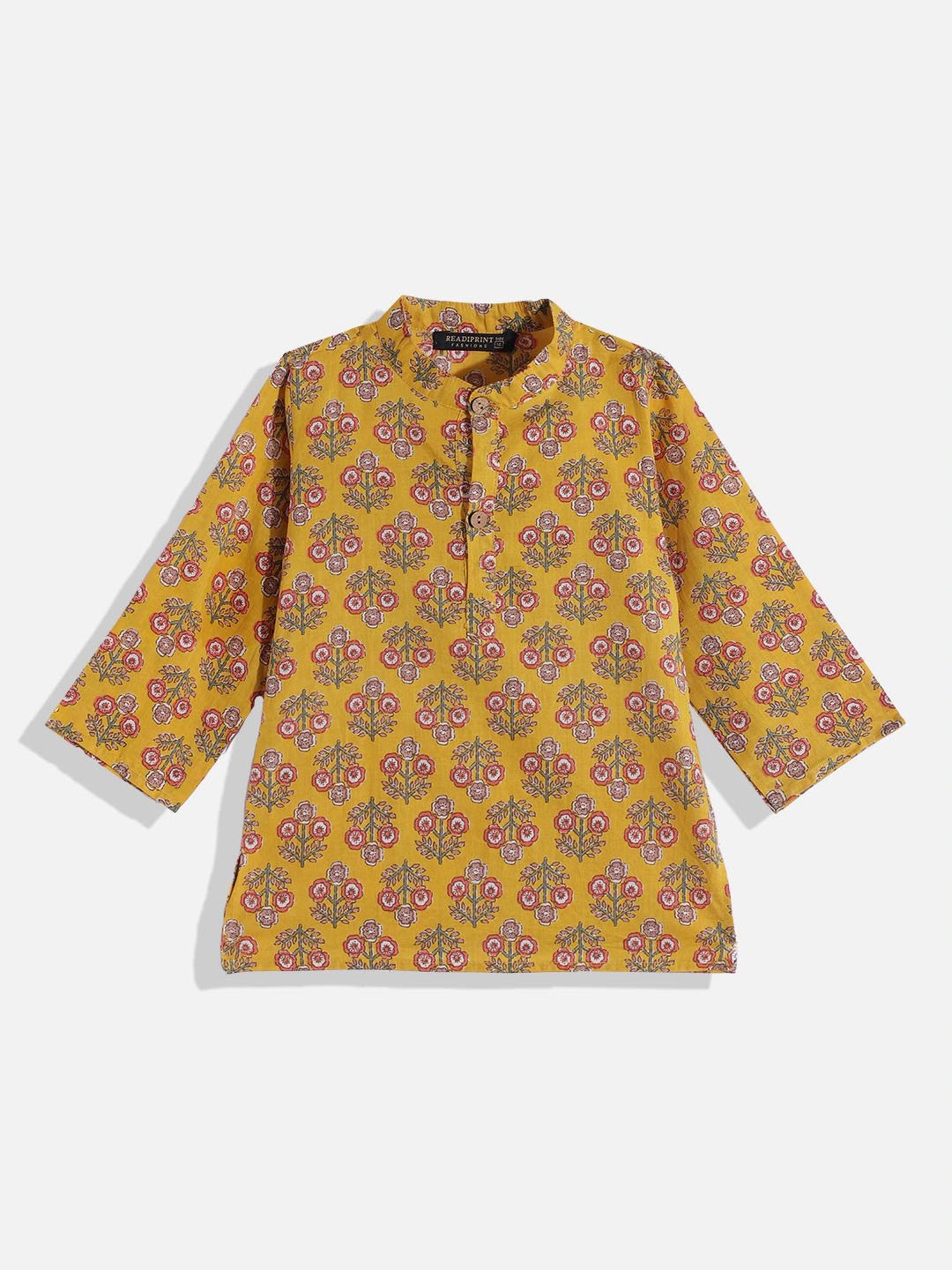 READIPRINT FASHIONS Kids Mustard & White Floral Print Full Sleeves Kurta, Nehru Jacket with Pyjamas