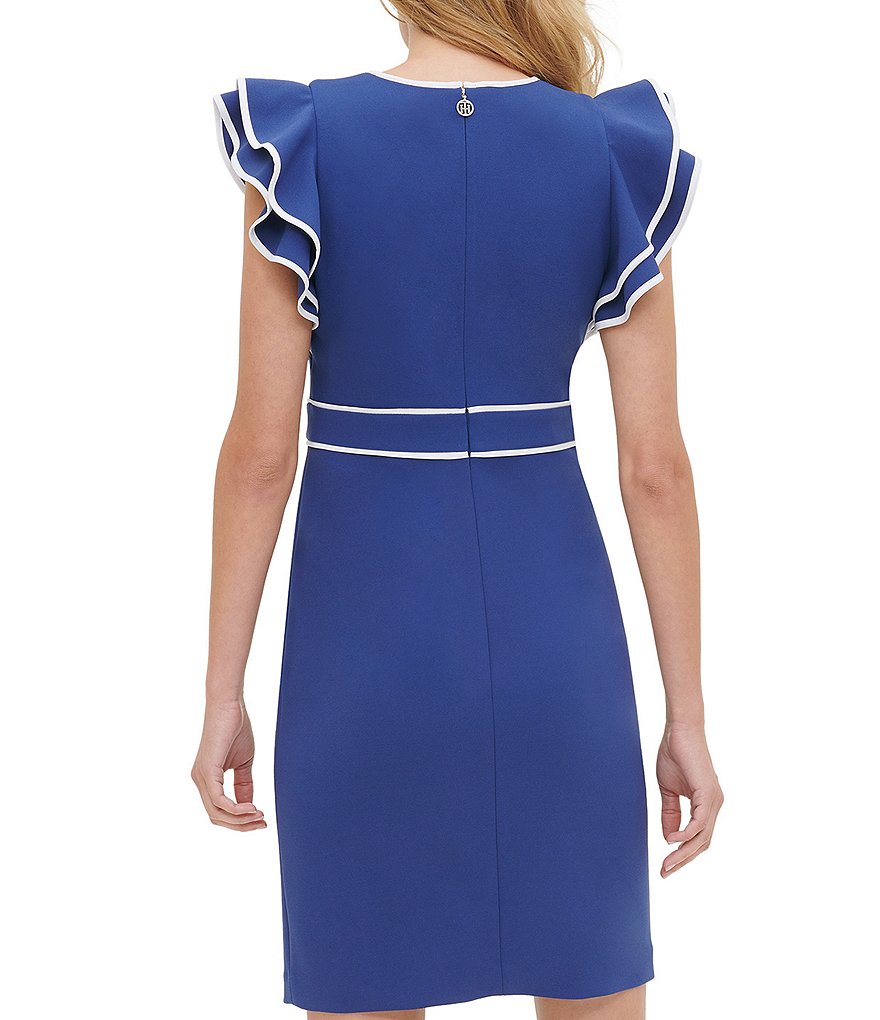 Tommy Hilfiger Scuba Crepe Ruffle Sleeve Pipe Trim Sheath Dress