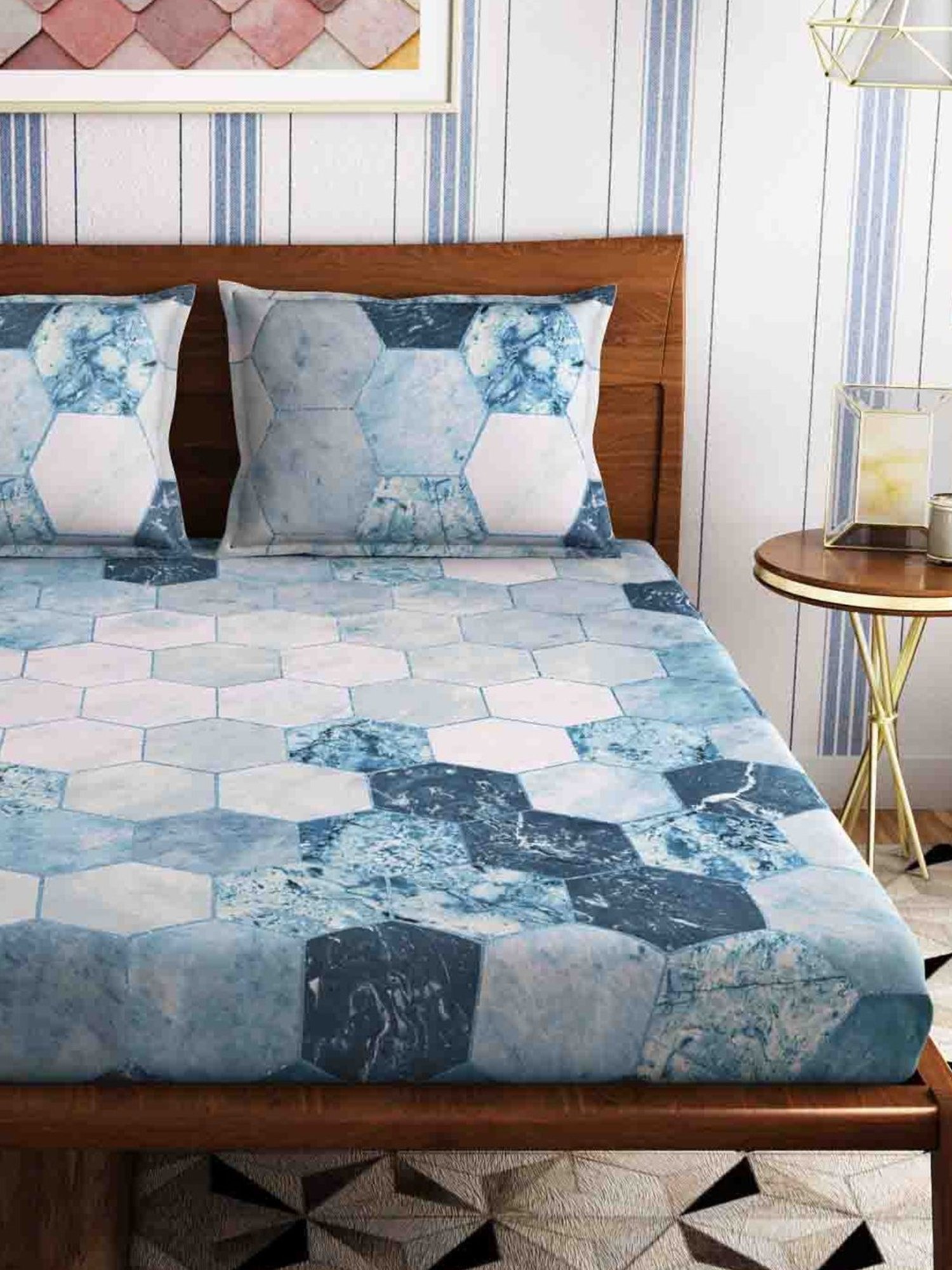 Petal Home Hexagon Blue Cotton 300 TC Bedsheet