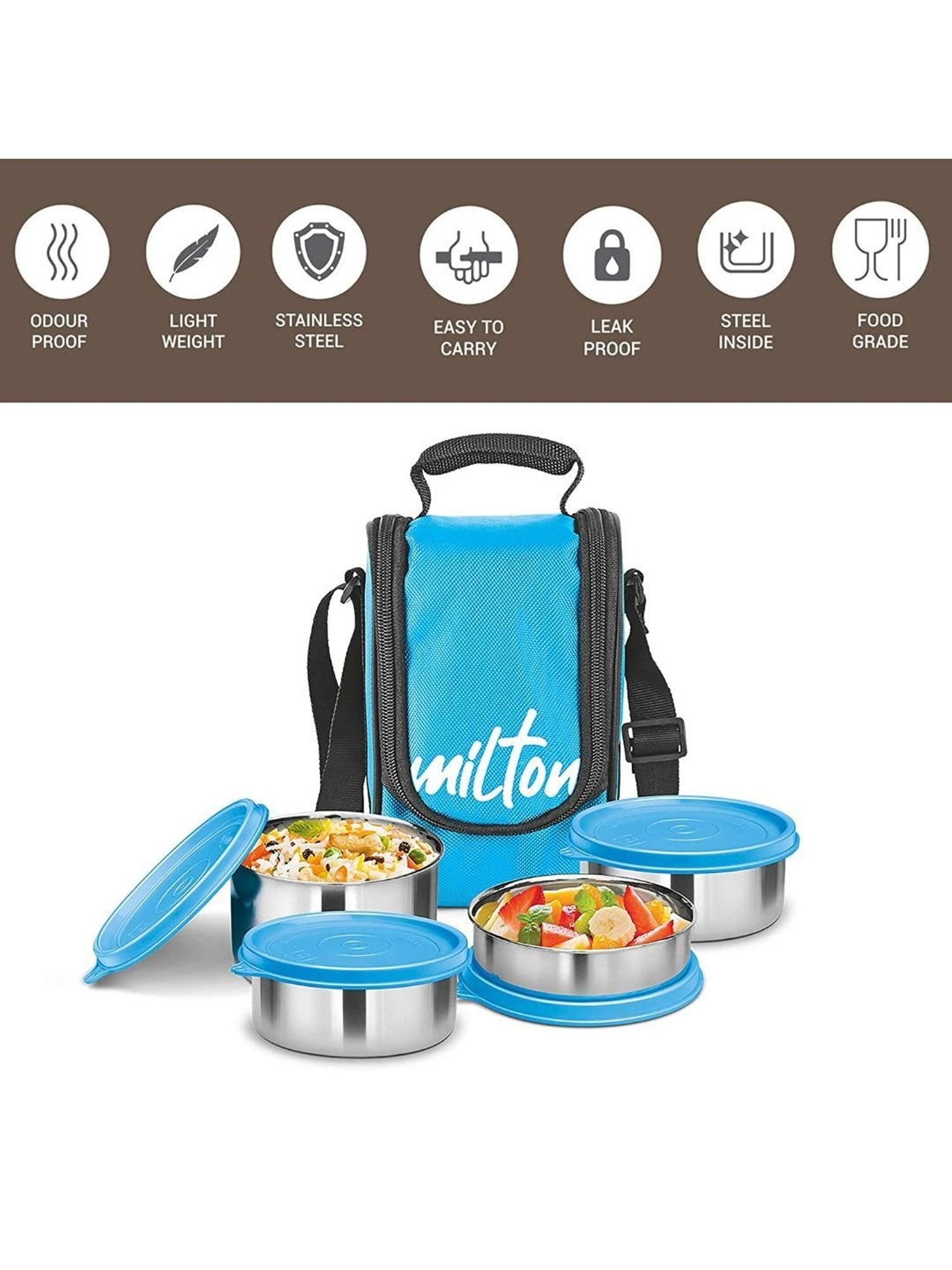 Milton Cyan Blue Stainless Steel Lunch Box With Bag