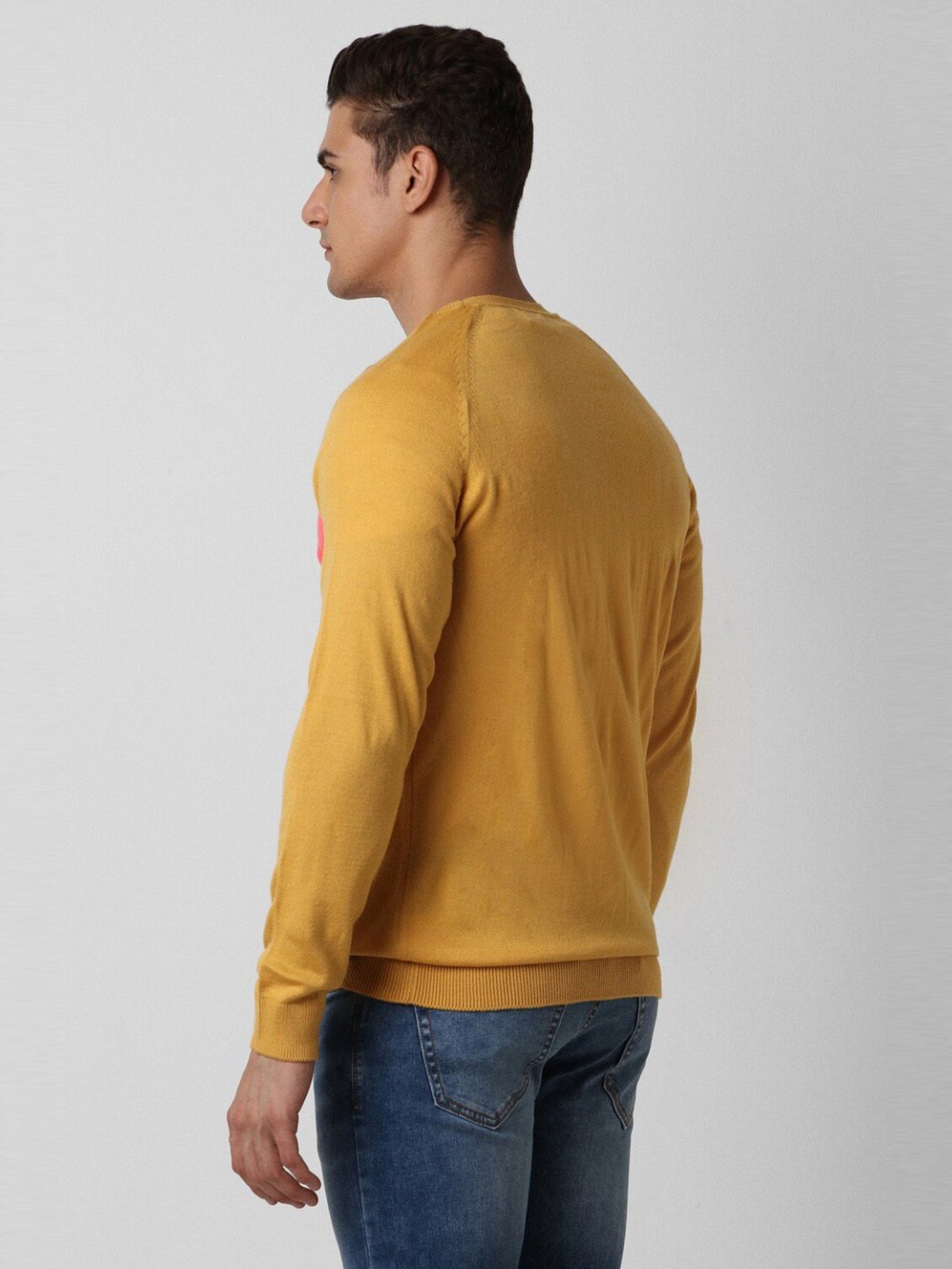 Peter England Yellow Cotton Regular Fit Colour Block Sweater