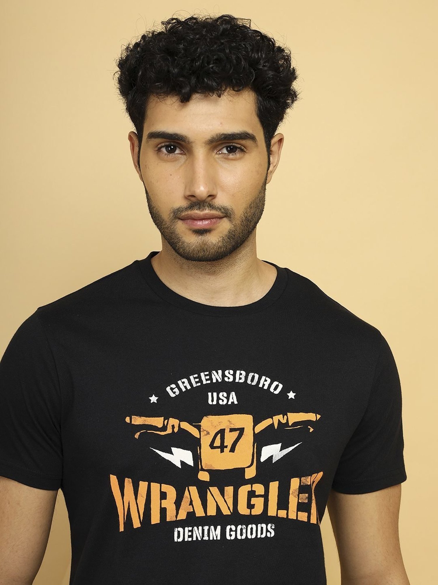 Wrangler Jet Black Cotton Regular Fit Printed T-Shirt