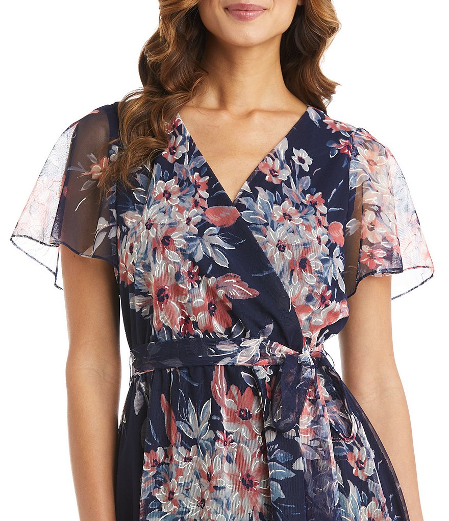 R & M Richards Flutter Sleeve Floral Ruffle Hi-Low Wrap Midi Dress