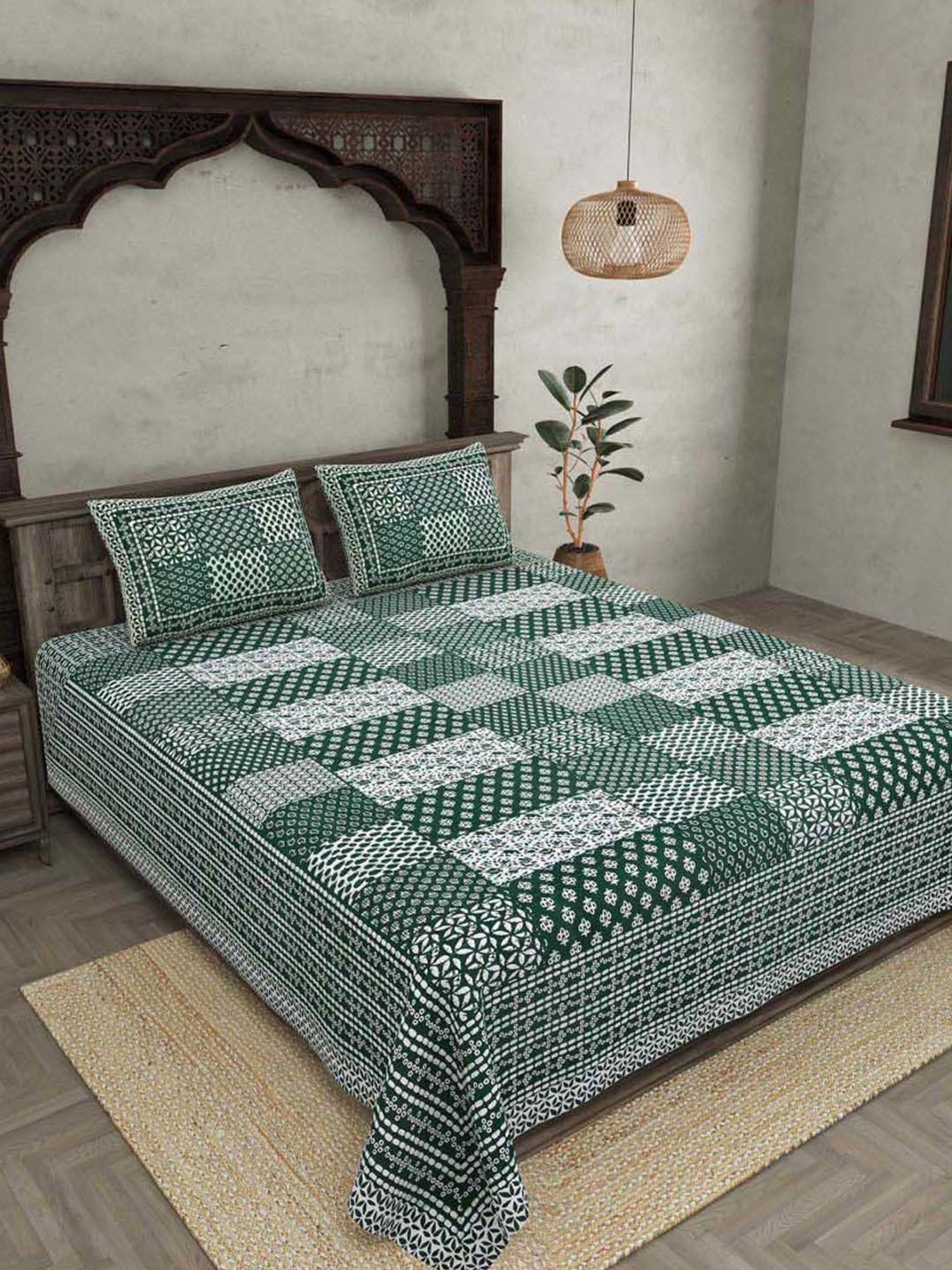 JaipurFabric Dark Green Cotton 180 TC Double Bedsheet with 2 Pillow Covers