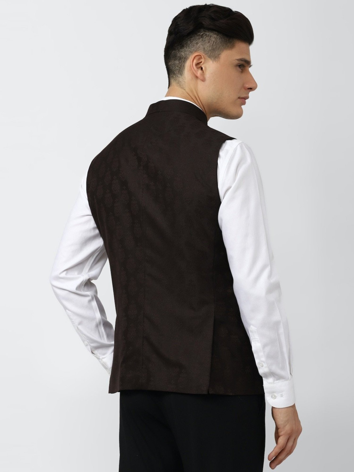 V Dot Brown Slim Fit Printed Nehru Jacket