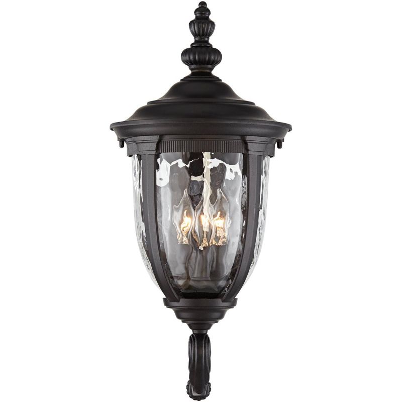 John Timberland European Outdoor Wall Light Fixture Textured Black Upbridge Arm 21" Clear Hammered Glass for Exterior Porch Patio