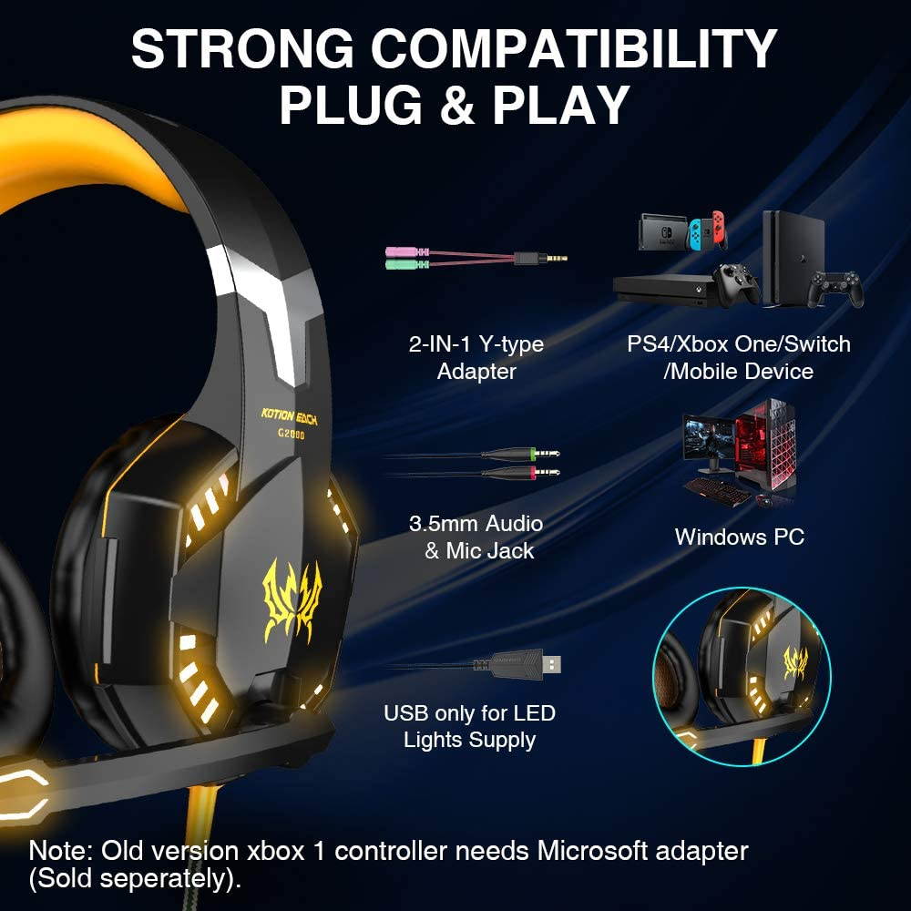 VersionTECH. G2000 Gaming Headset for PC PS4, Professional Stereo Over Ear Headset With Noise Cancelling Mic, Led Lights, In-Line Volume Control For XBox One,Nintendo Switch, Smartphones, Ipad, Mac, P