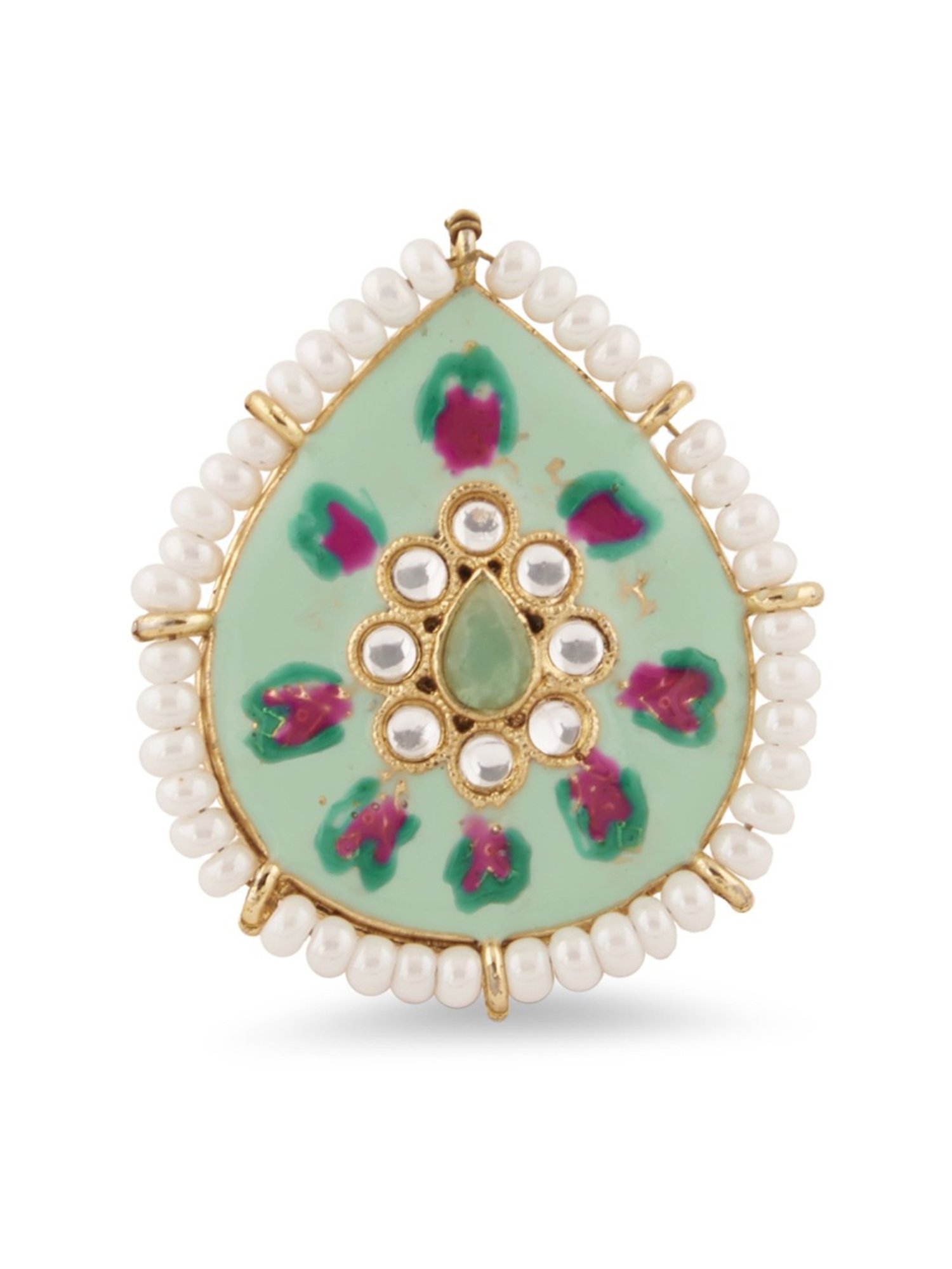 Zaveri Pearls Green Pink Meenakari Multistrand Necklace, Earring, Maangtikka & Ring Set