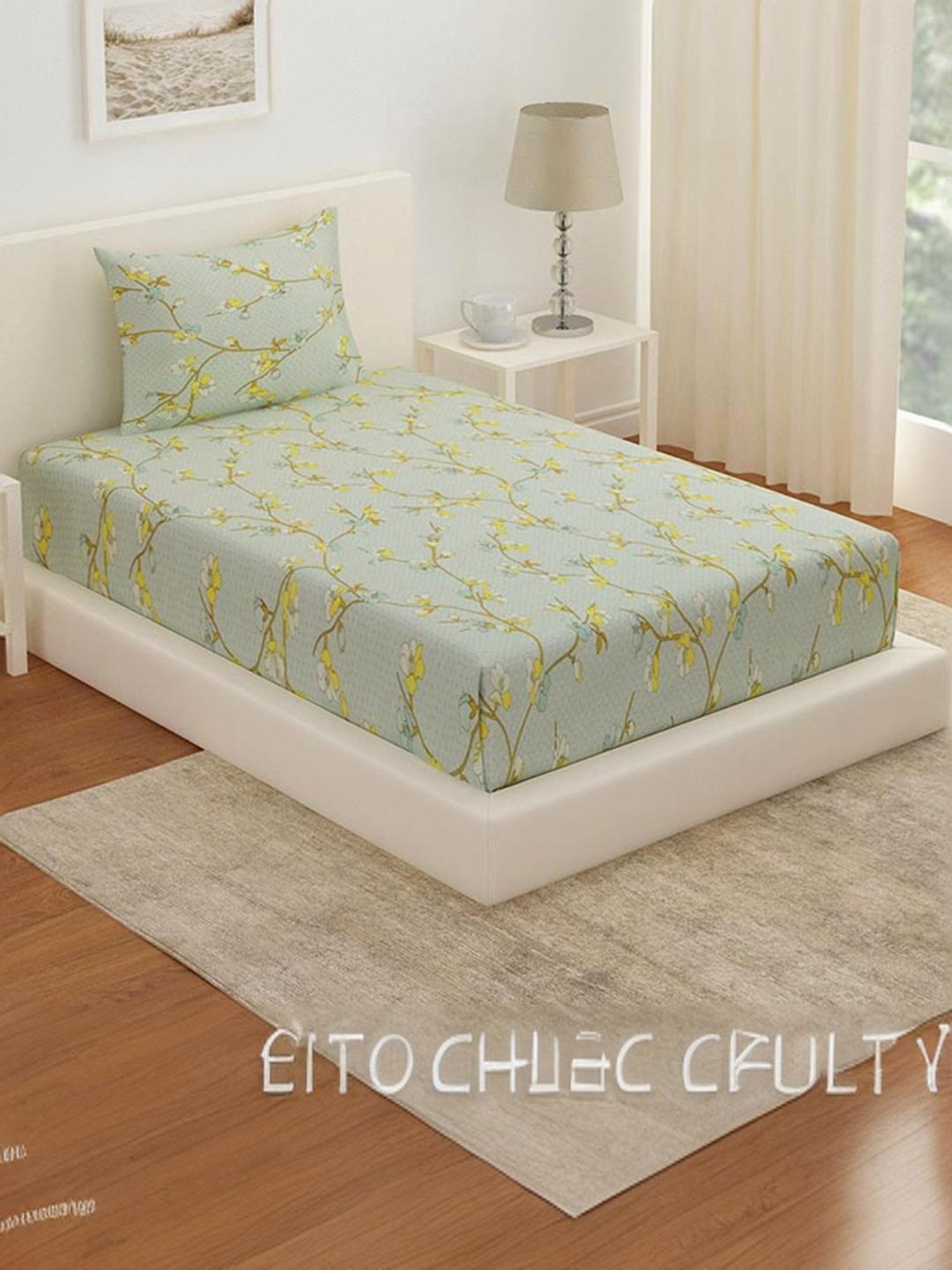 @Home Arias Green 225 TC Cotton Satin Single Bedsheet with 1 Pillow Cover